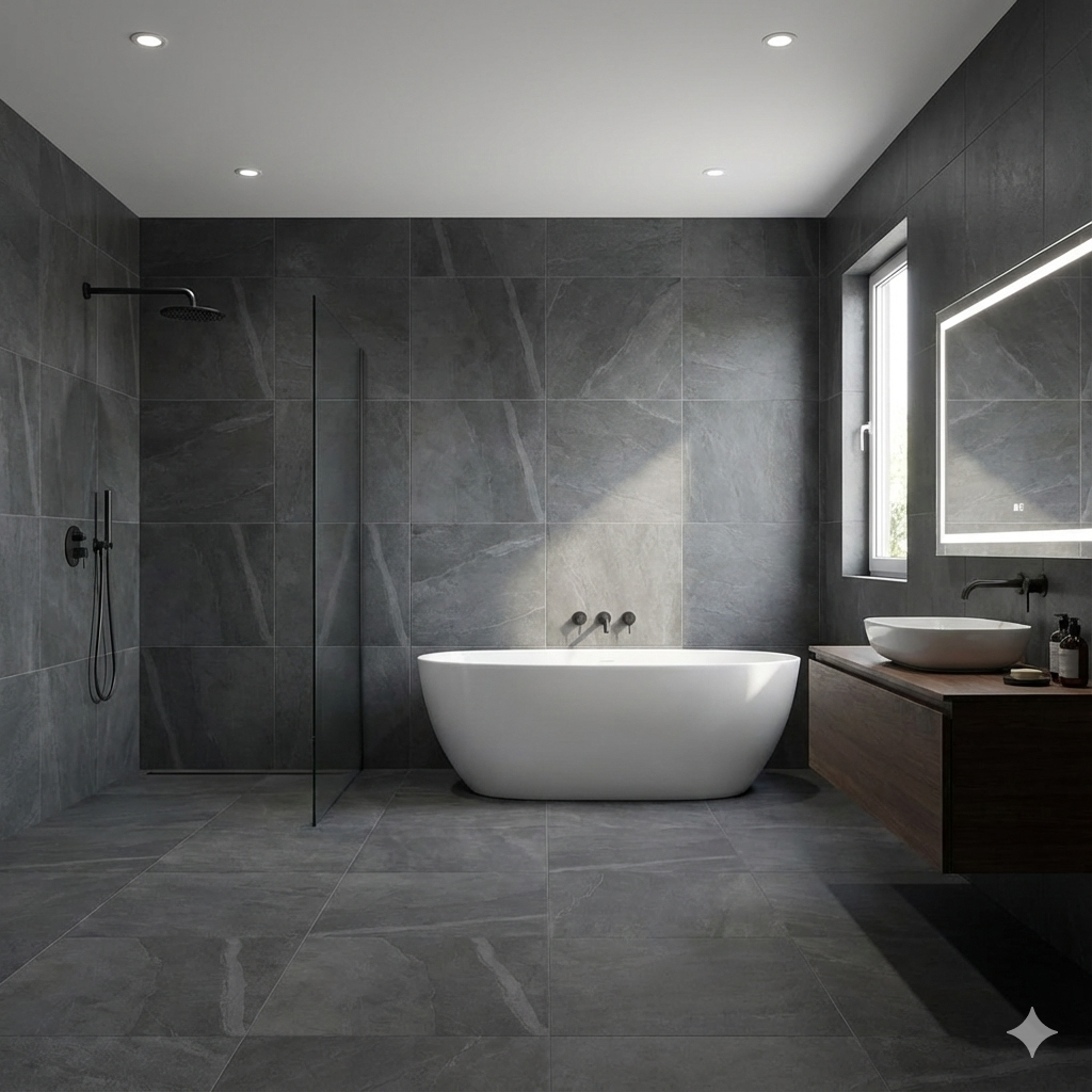 Lajedo Black matt R11 anti-slip porcelain wall and floor tiles with modern stone effect.