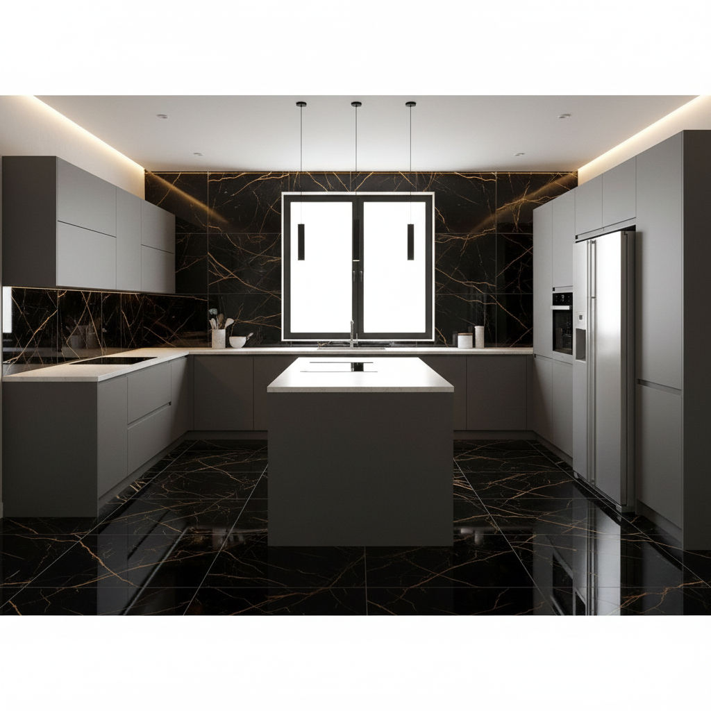 Large Format Atlantis Black And Gold Porcelain Wall And Floor Tiles featuring gold veining for elegant interiors.
