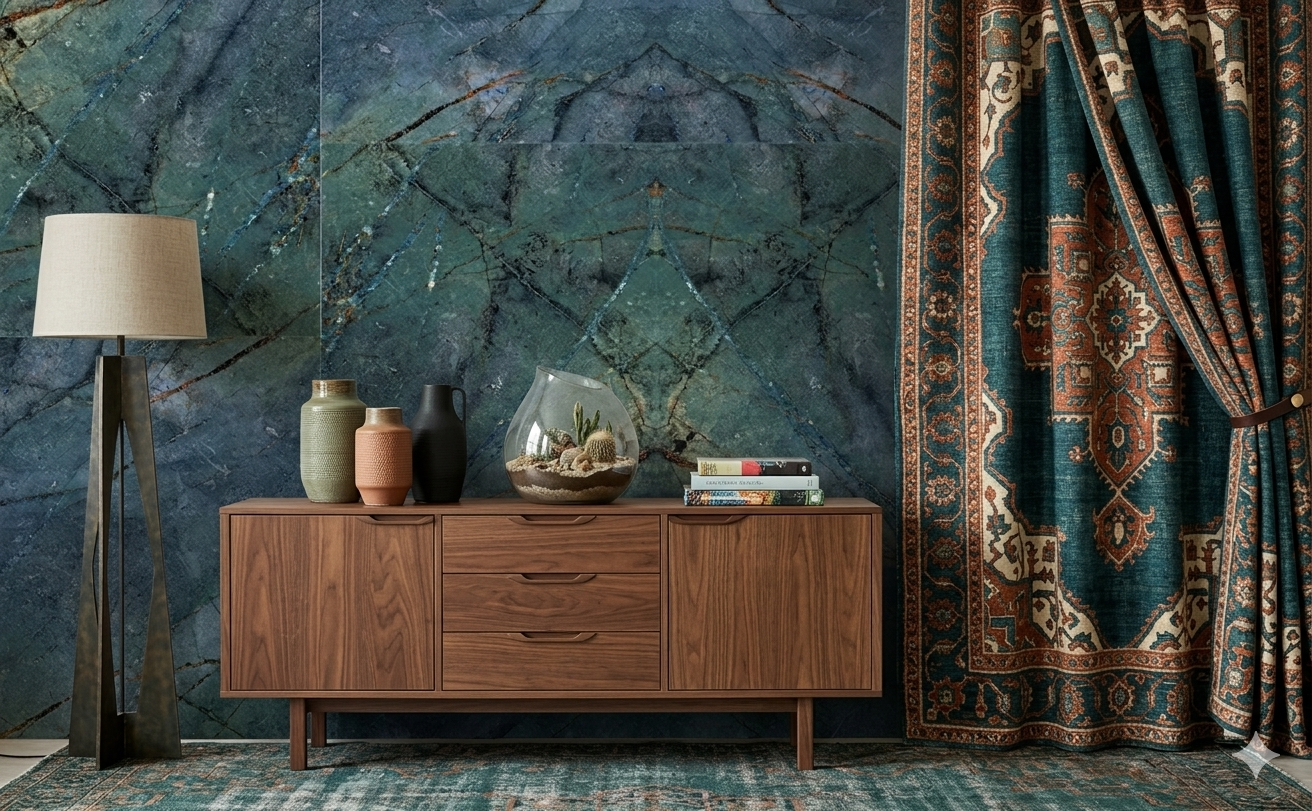 Large format blue porcelain wall and floor tiles with elegant marble-inspired design.