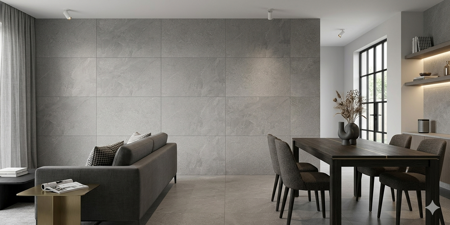Large format grey stone effect porcelain wall and floor tiles creating a seamless modern living space.