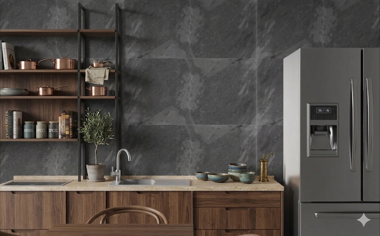 Large format Mountain Grey Porcelain wall and floor tiles with elegant marble-inspired detailing