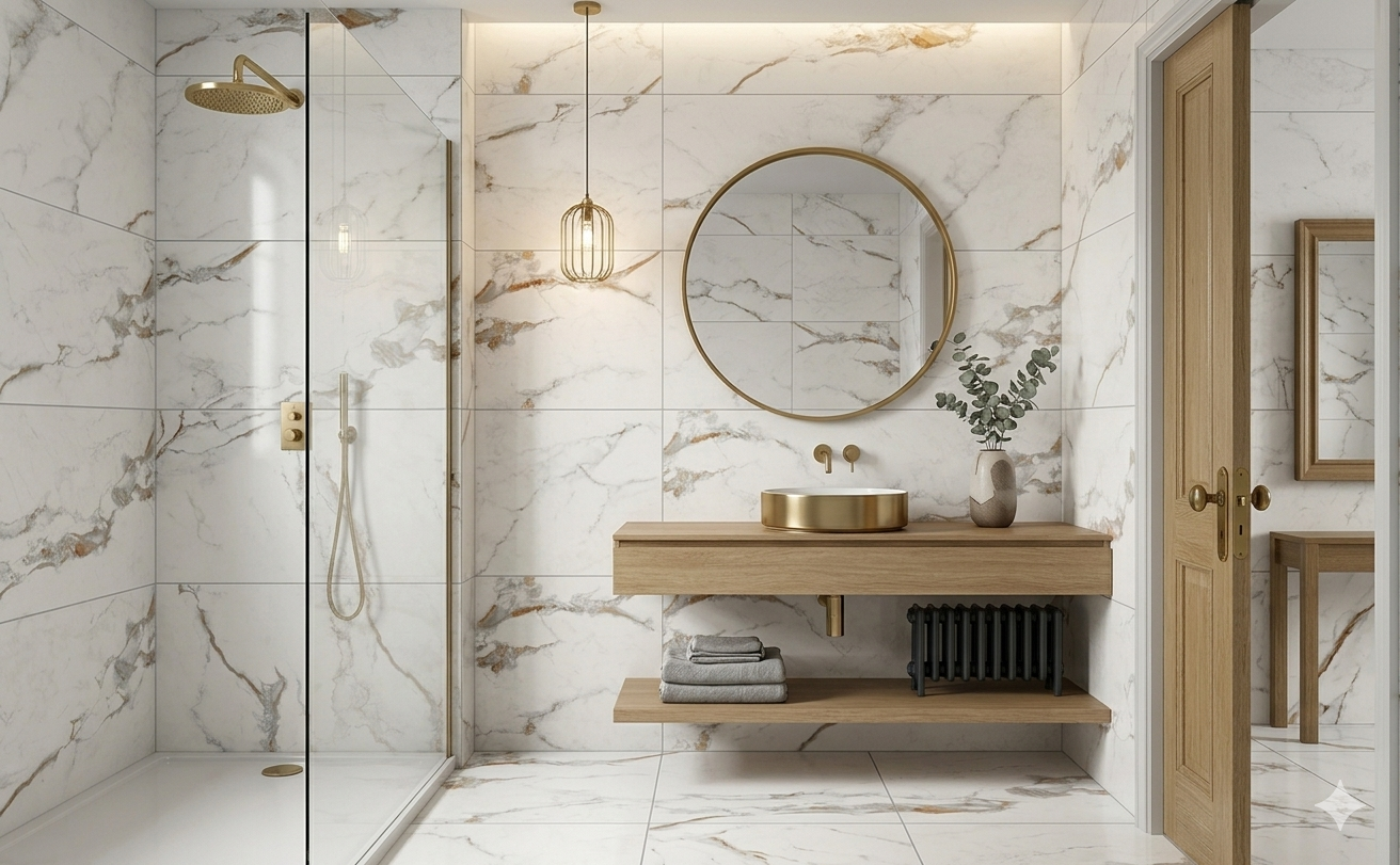 Large format porcelain wall and floor tiles with elegant white marble inspired design.