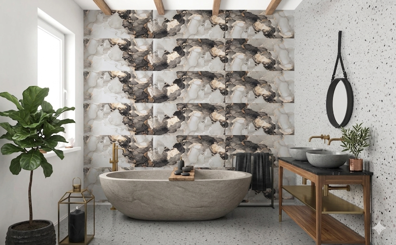 Large porcelain wall and floor tiles with polished glossy finish for stylish interior spaces.