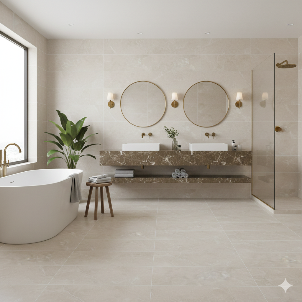 Linsey Spring Porcelain Wall And Floor Tiles in beige and cream with smooth matt finish.