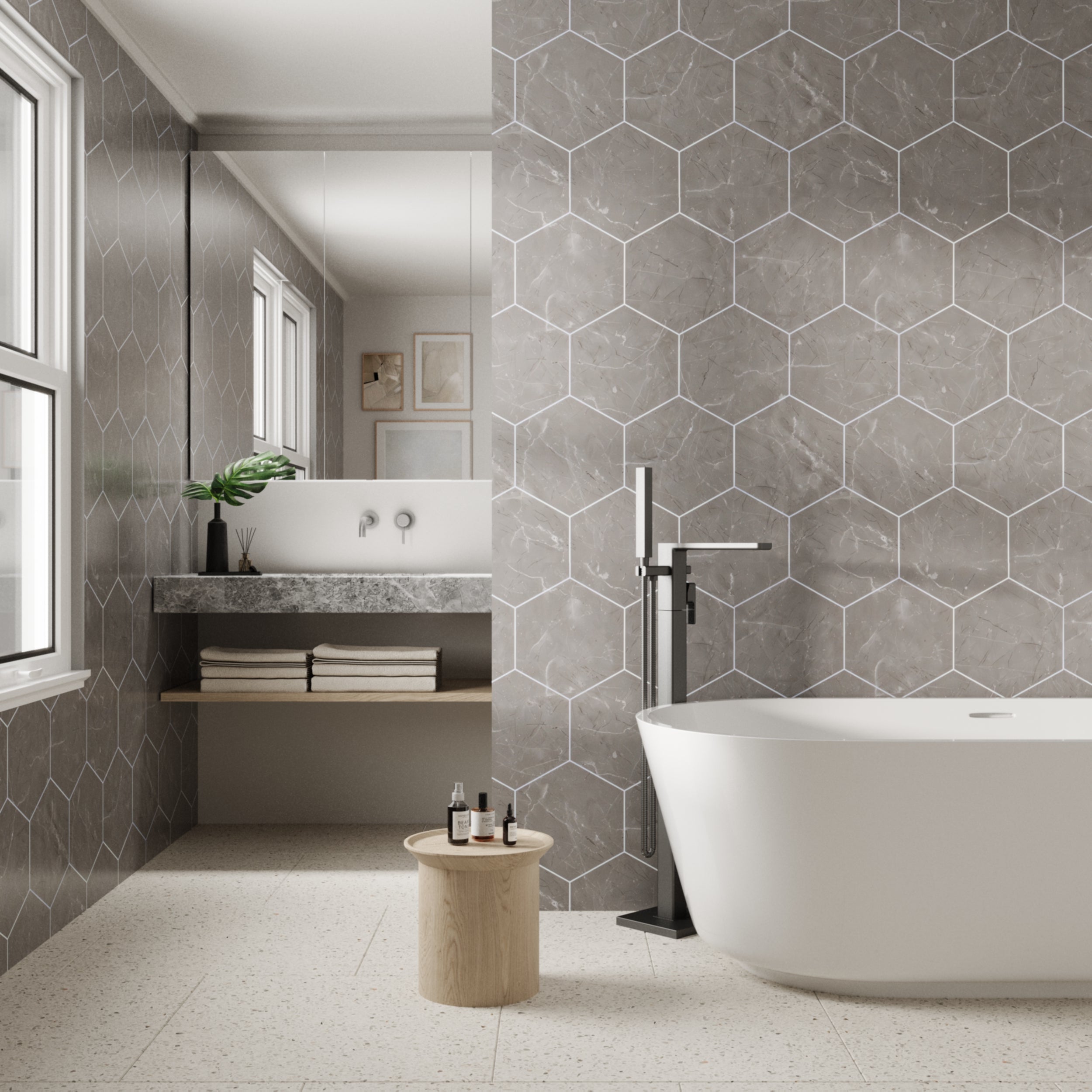 Lunar stone hexagon matt texture bathroom wall panels with modern stone effect finish.