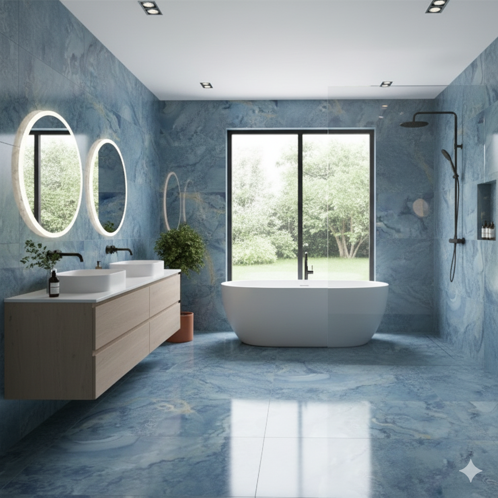 Luxury Blue Marble Porcelain Wall And Floor Tiles with polished reflective surface for modern interiors.
