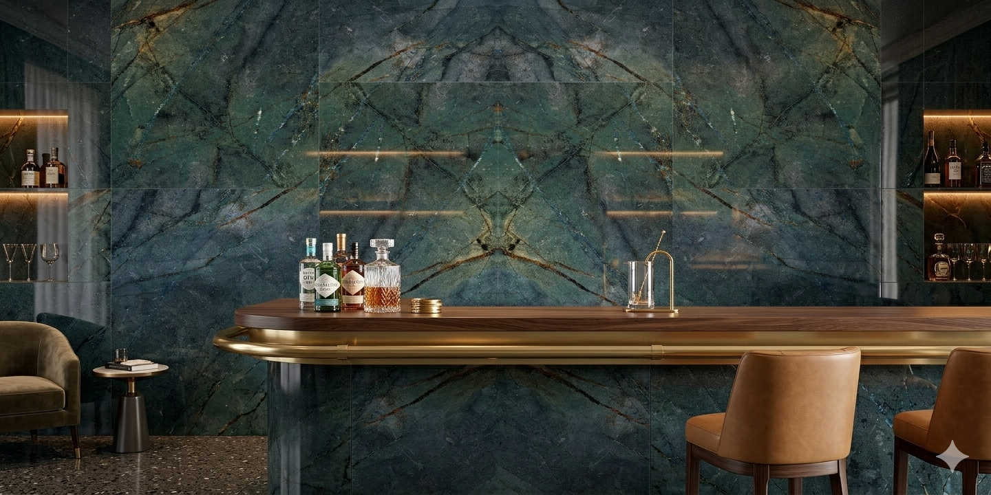 Luxury blue porcelain wall and floor tiles featuring a polished marble look surface.