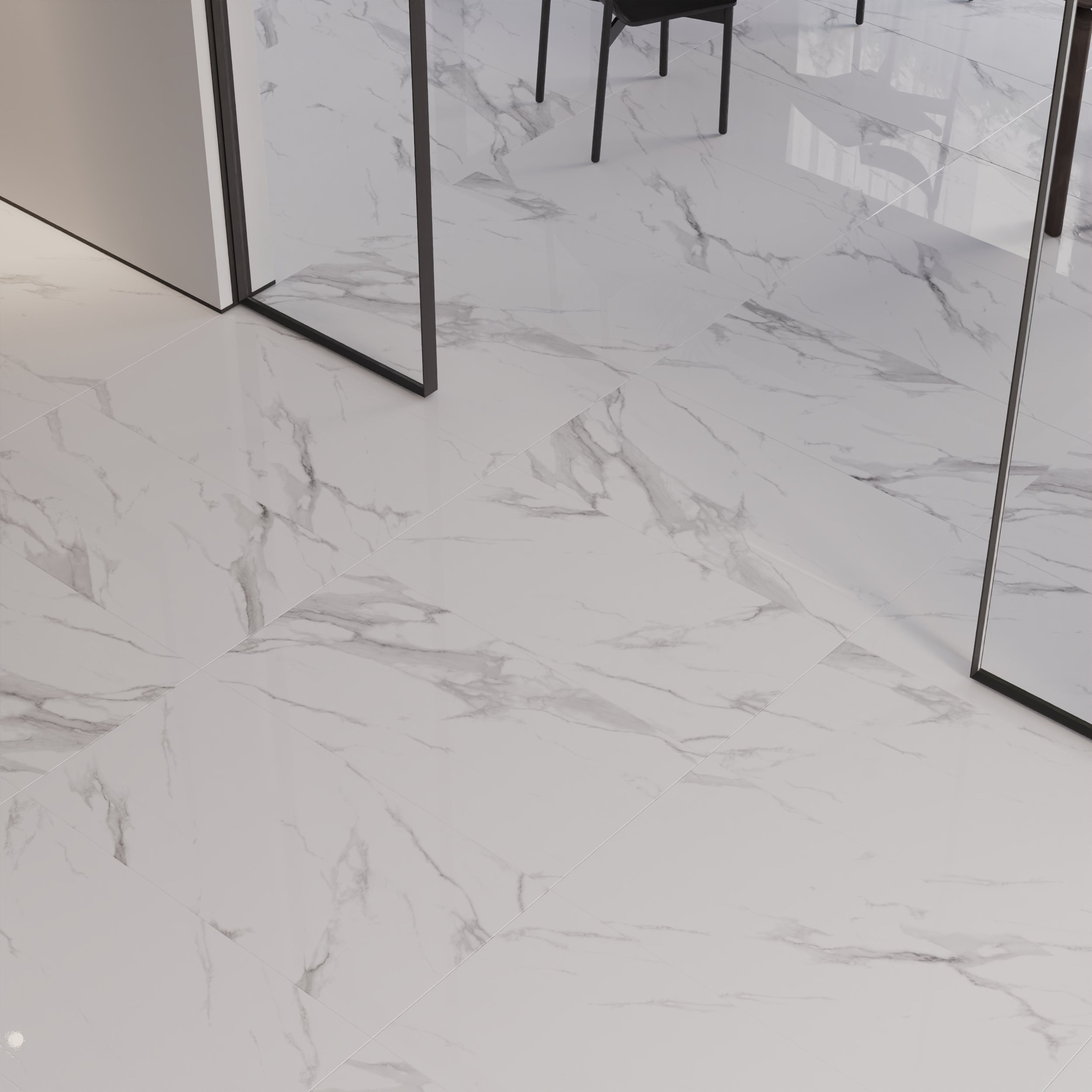 Luxury rectified porcelain wall and floor tiles in Statuario marble effect design.
