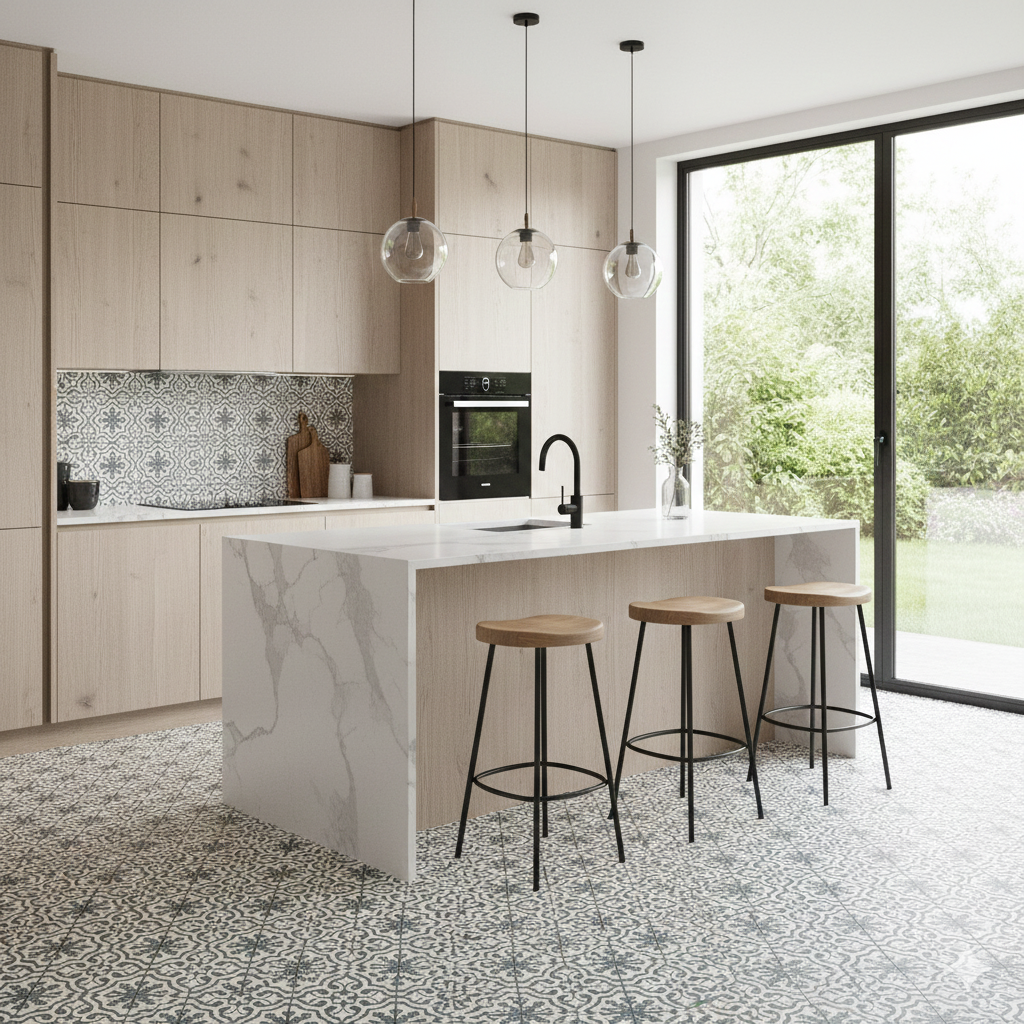 Lys Fiore blue matt porcelain wall and floor tiles with decorative pattern for stylish interiors.