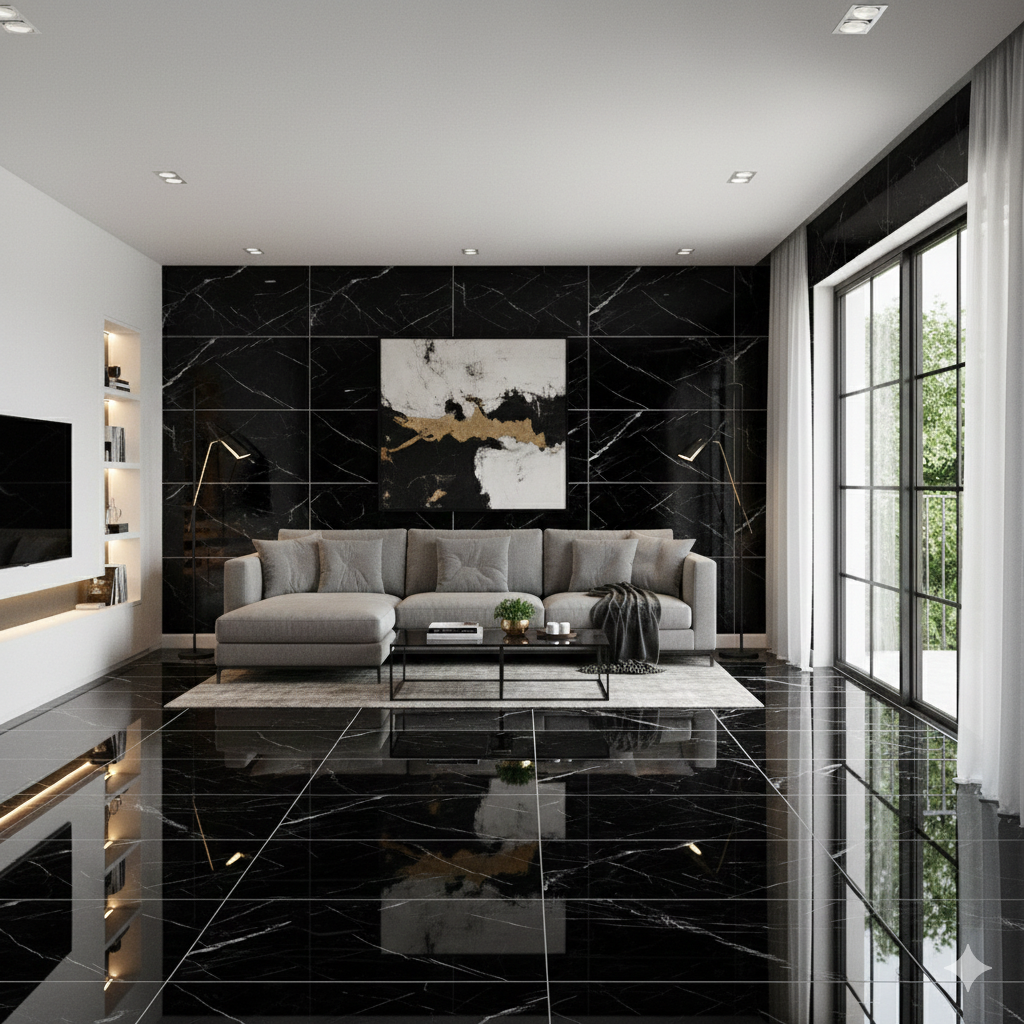 Marquina Grace Black Polished Porcelain Wall And Floor Tiles with marble effect for modern bathrooms and kitchens.