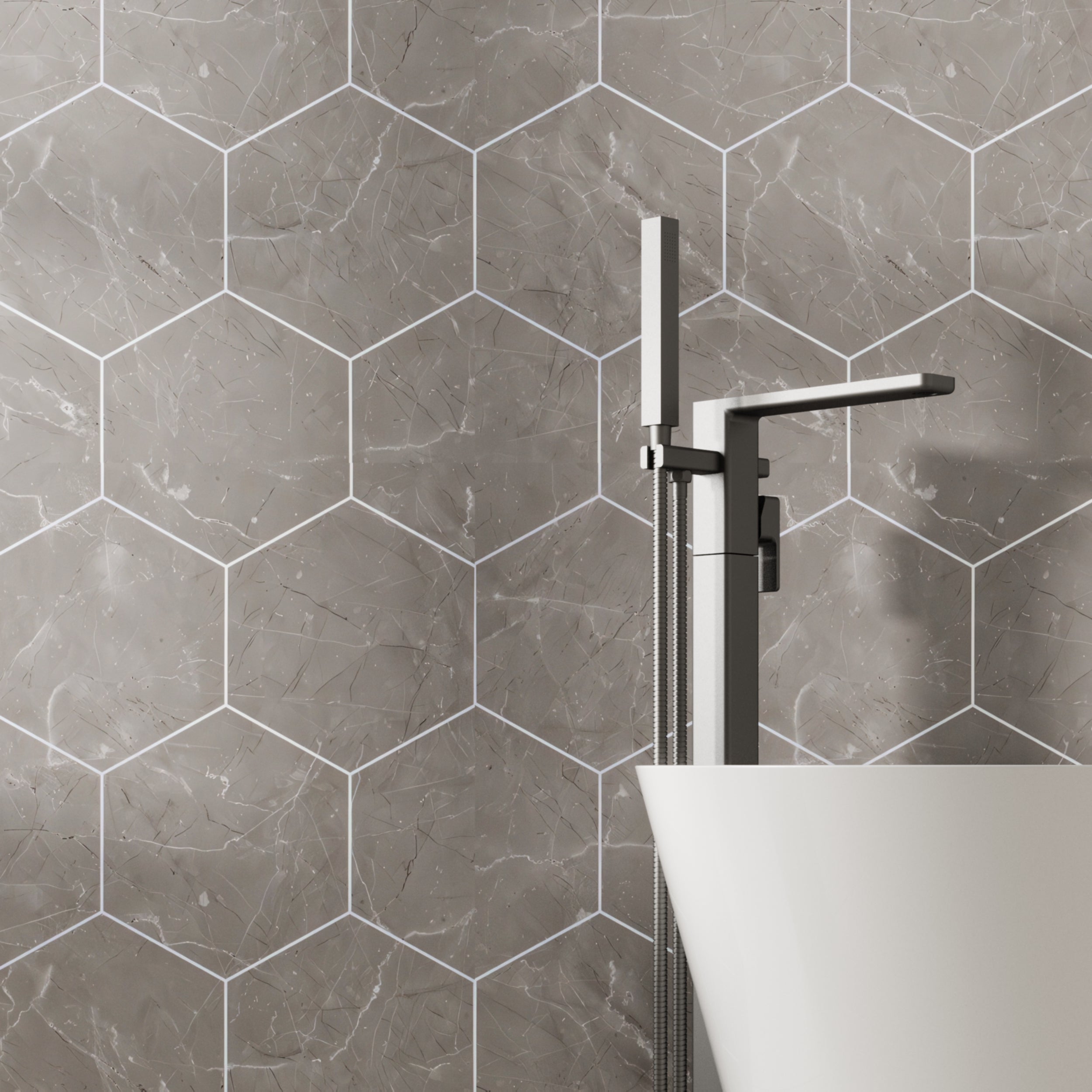 Matt stone effect bathroom wall panels with hexagon design for contemporary interiors.