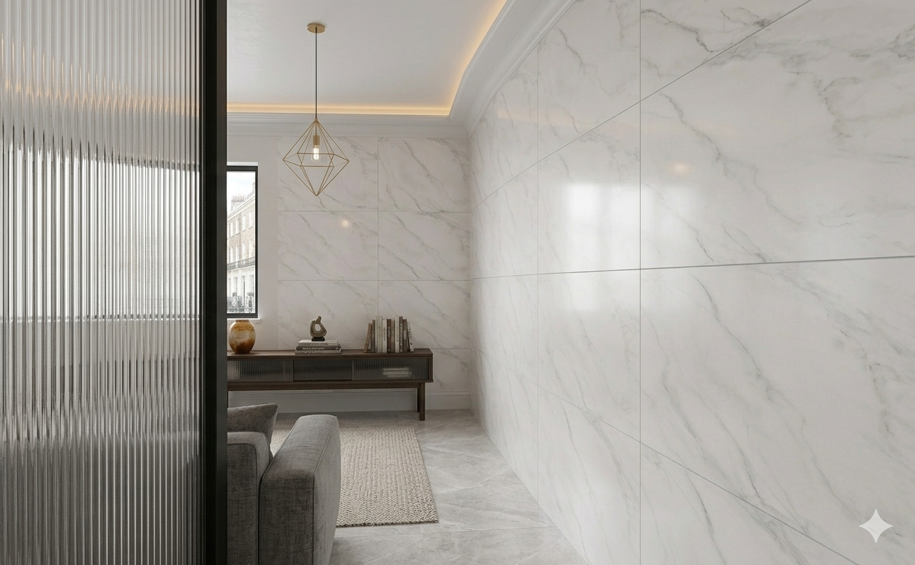 Matt white marble effect porcelain wall and floor tiles creating a clean and sophisticated living space.
