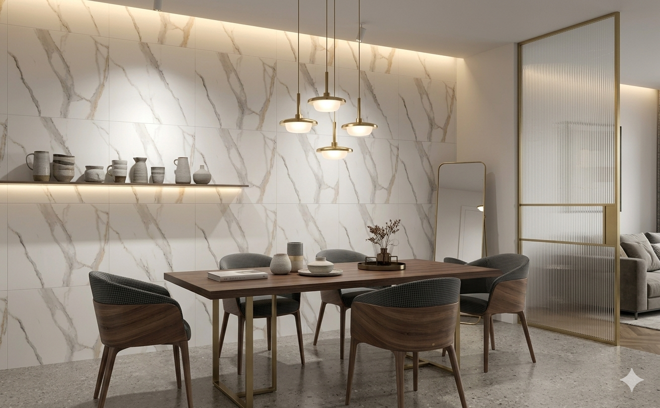 Matt white marble effect porcelain wall and floor tiles featuring refined Calcutta gold accents.