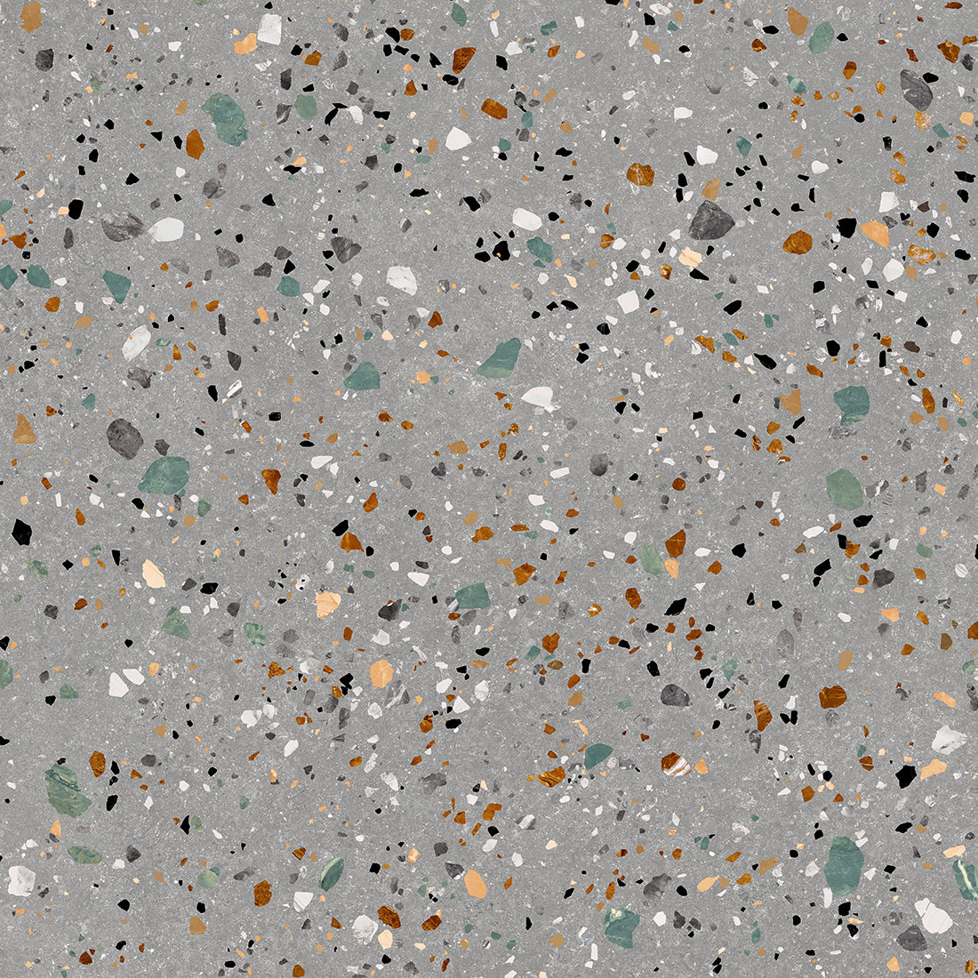 Matte grey porcelain wall and floor tiles with neutral tones and natural terrazzo pattern.