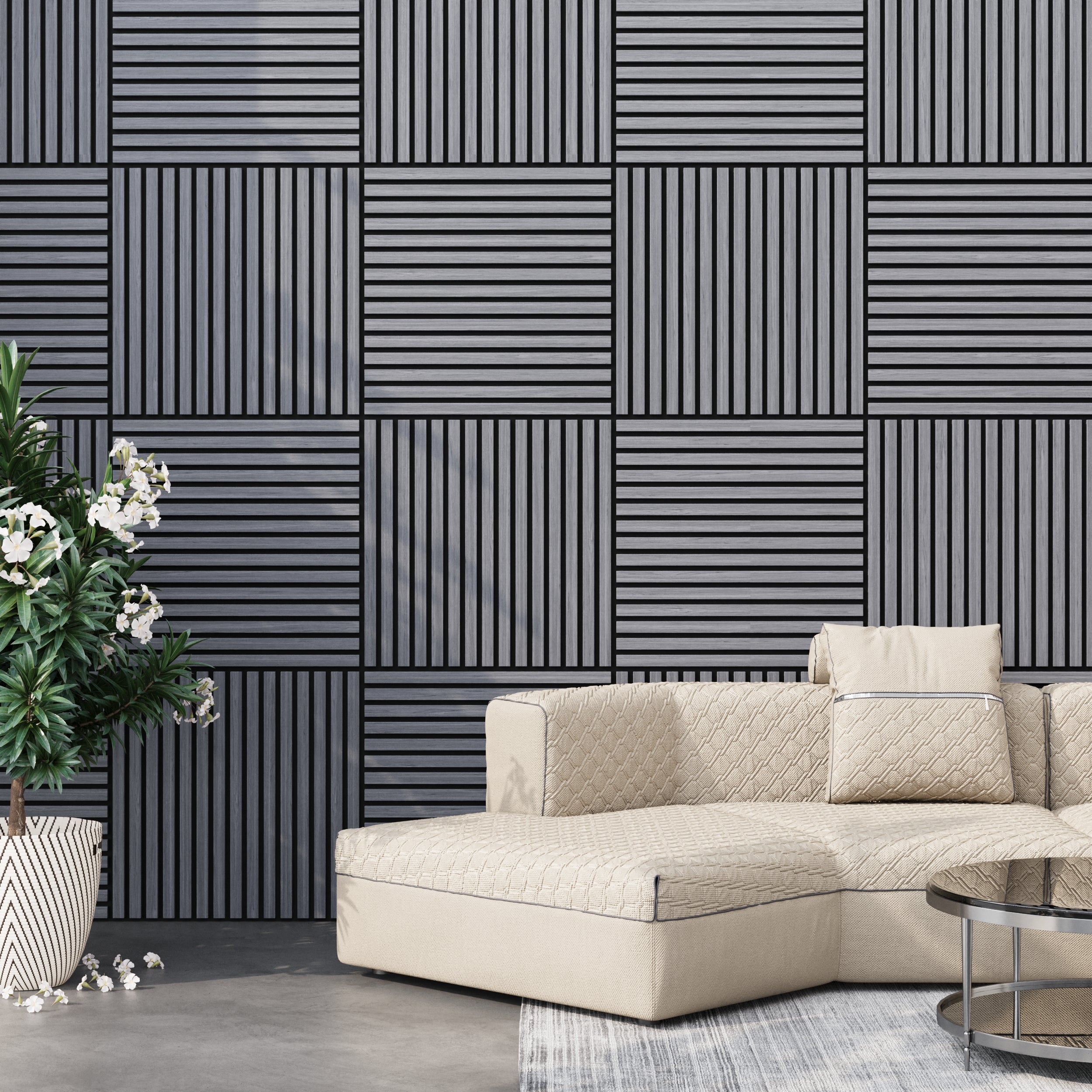 Modern grey oak acoustic wall panel with low-profile design for quiet interiors, Acoustic Boards 60x60.
