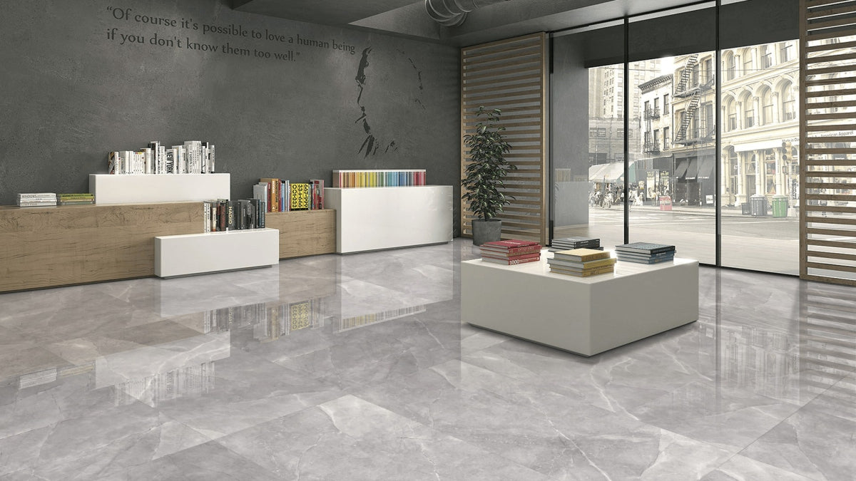 Modern grey polished porcelain wall and floor tiles ideal for high traffic areas
