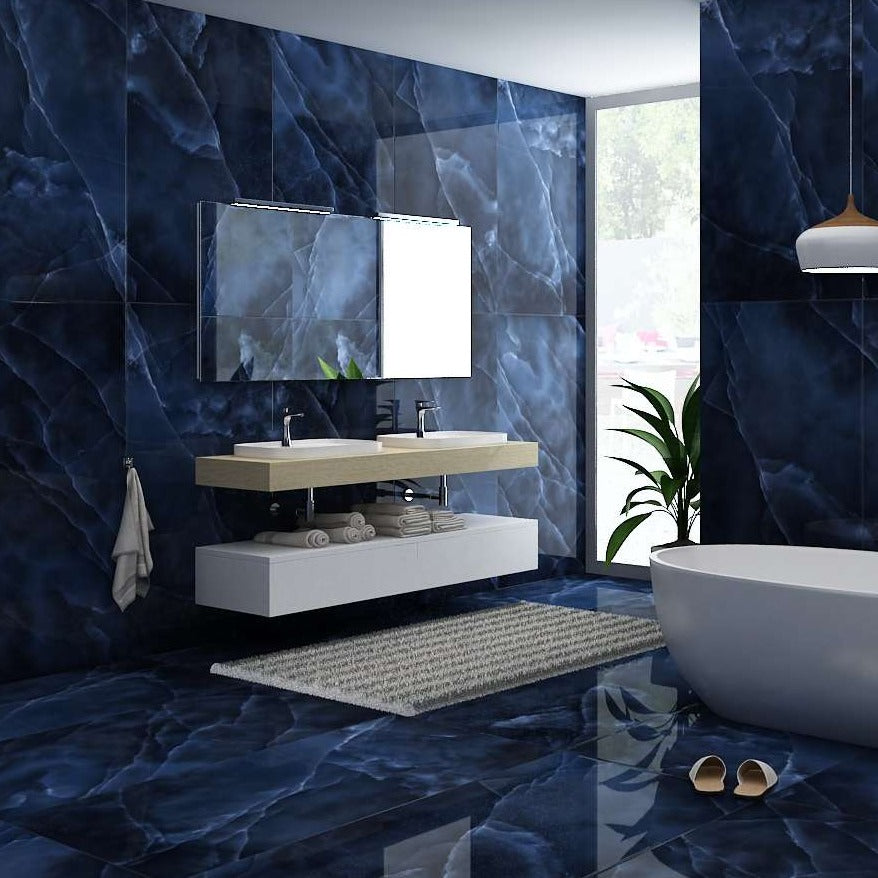 Mythos Blue Veined Porcelain Wall And Floor Tiles with glossy large format finish