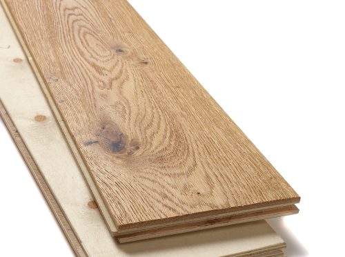 Natural brushed oak flooring with lacquered coating for rustic and modern interiors, engineered wood panel style