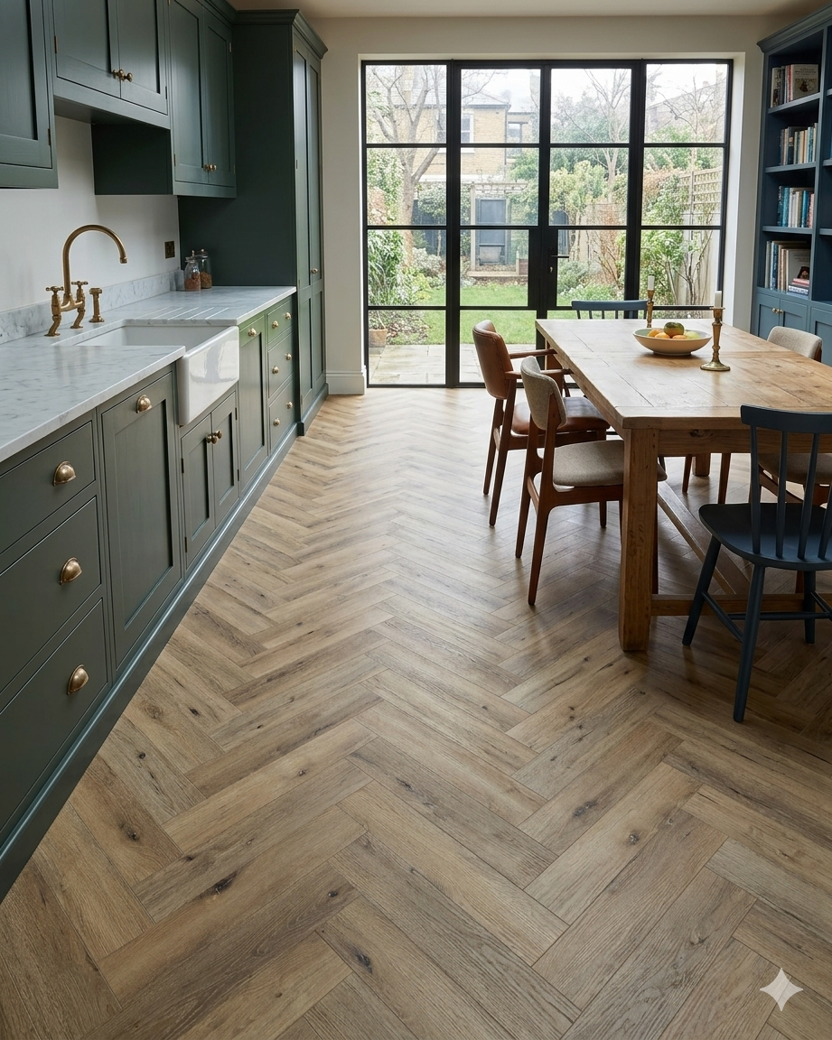 Natural Cedar herringbone LVT SPC Flooring with realistic wood grain and premium matt finish