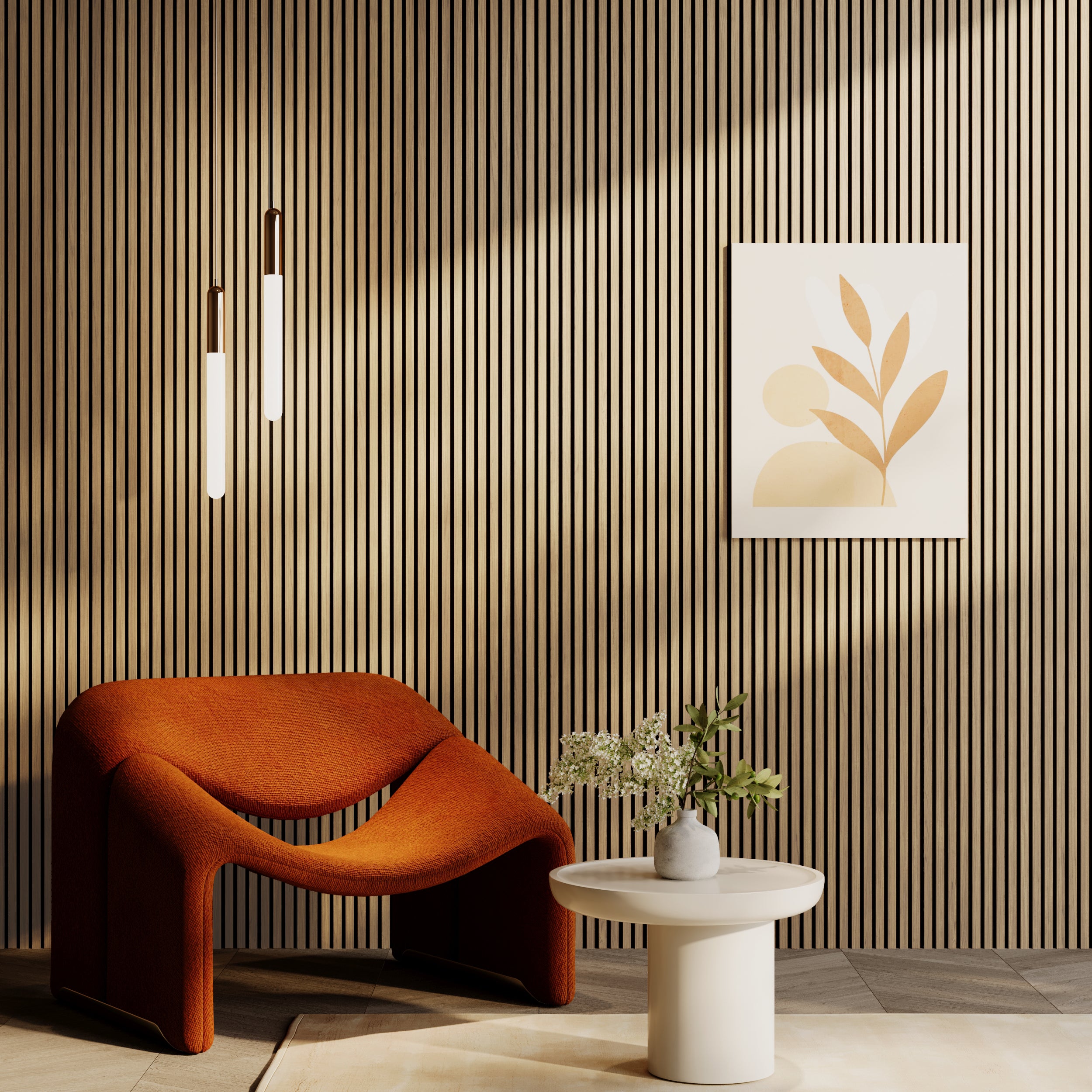 Oak premium wooden slatted wall panels for acoustic sound absorption in homes, offices, and studios.