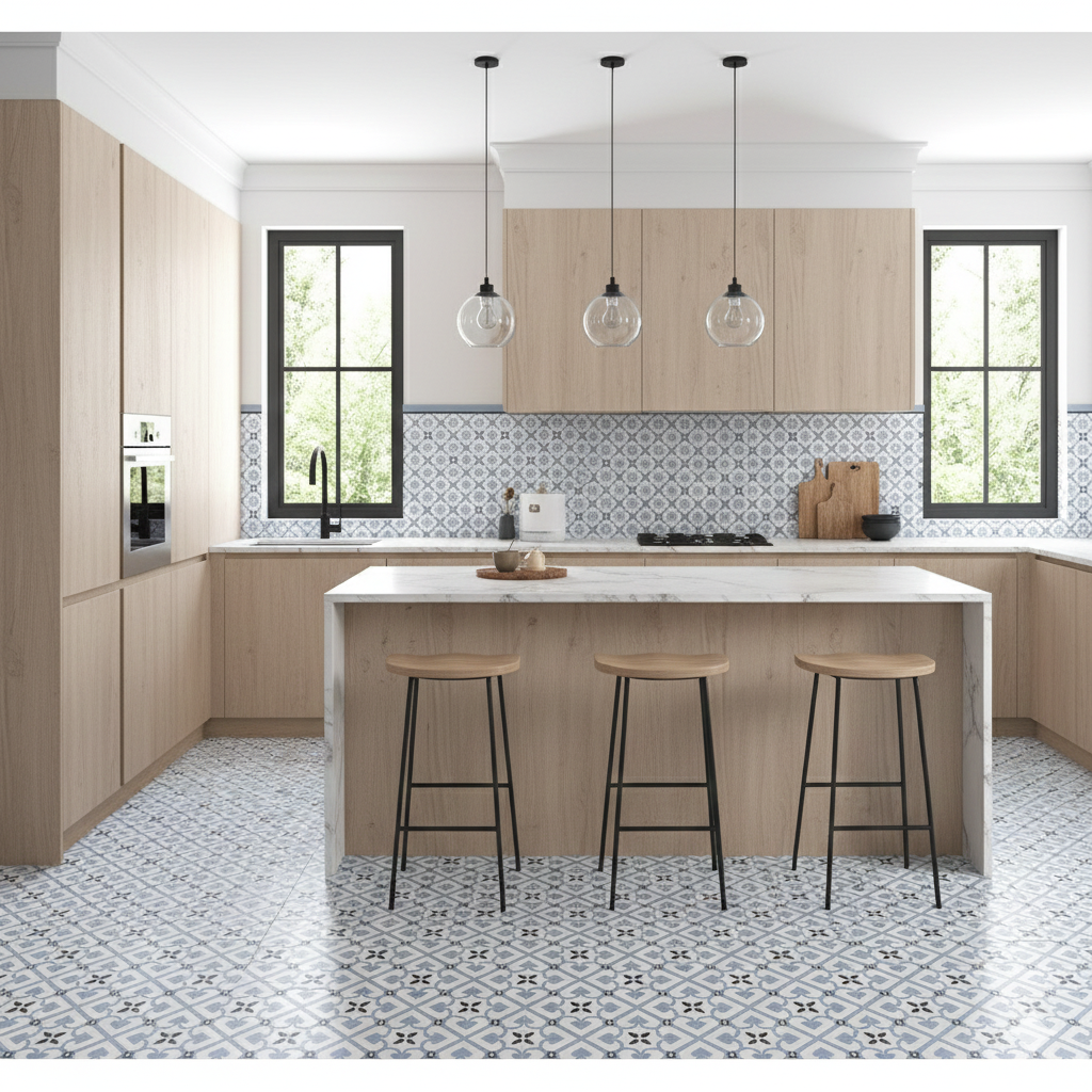 Odyssey matt blue porcelain wall and floor tiles with decorative pattern for stylish interiors.