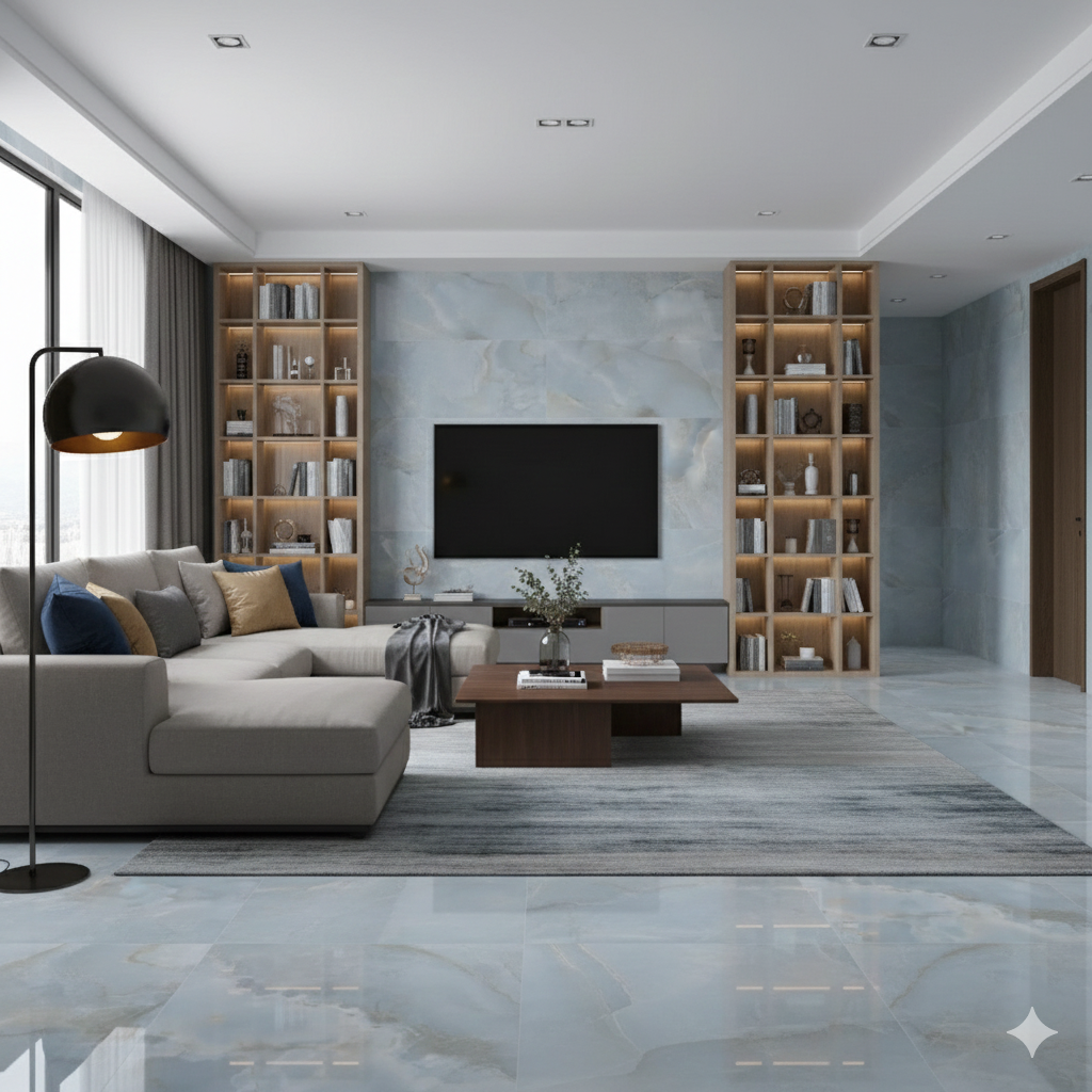Oni Pearl Polished Porcelain Wall And Floor Tiles with serene pearl tones and reflective large format design.