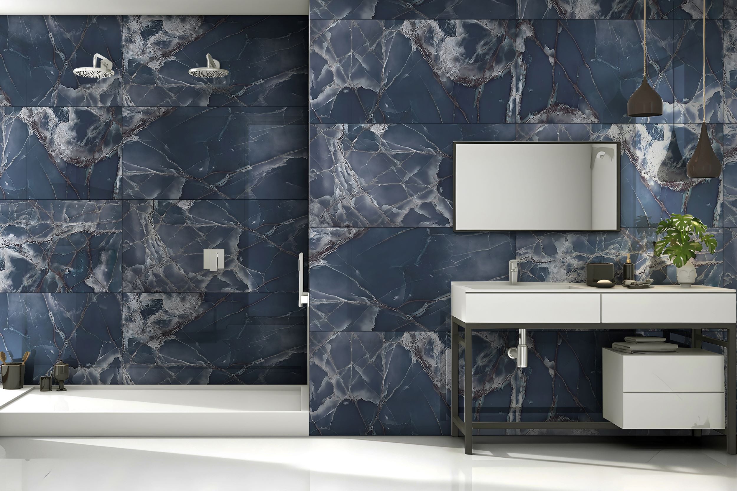 Onyx blue high gloss marble effect tiles with rectified edges for walls and floors