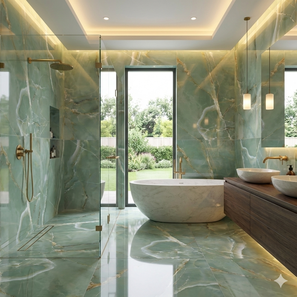 Onyx Prime Verde Polished Porcelain Wall And Floor Tiles with natural green marble effect for luxurious bathrooms.