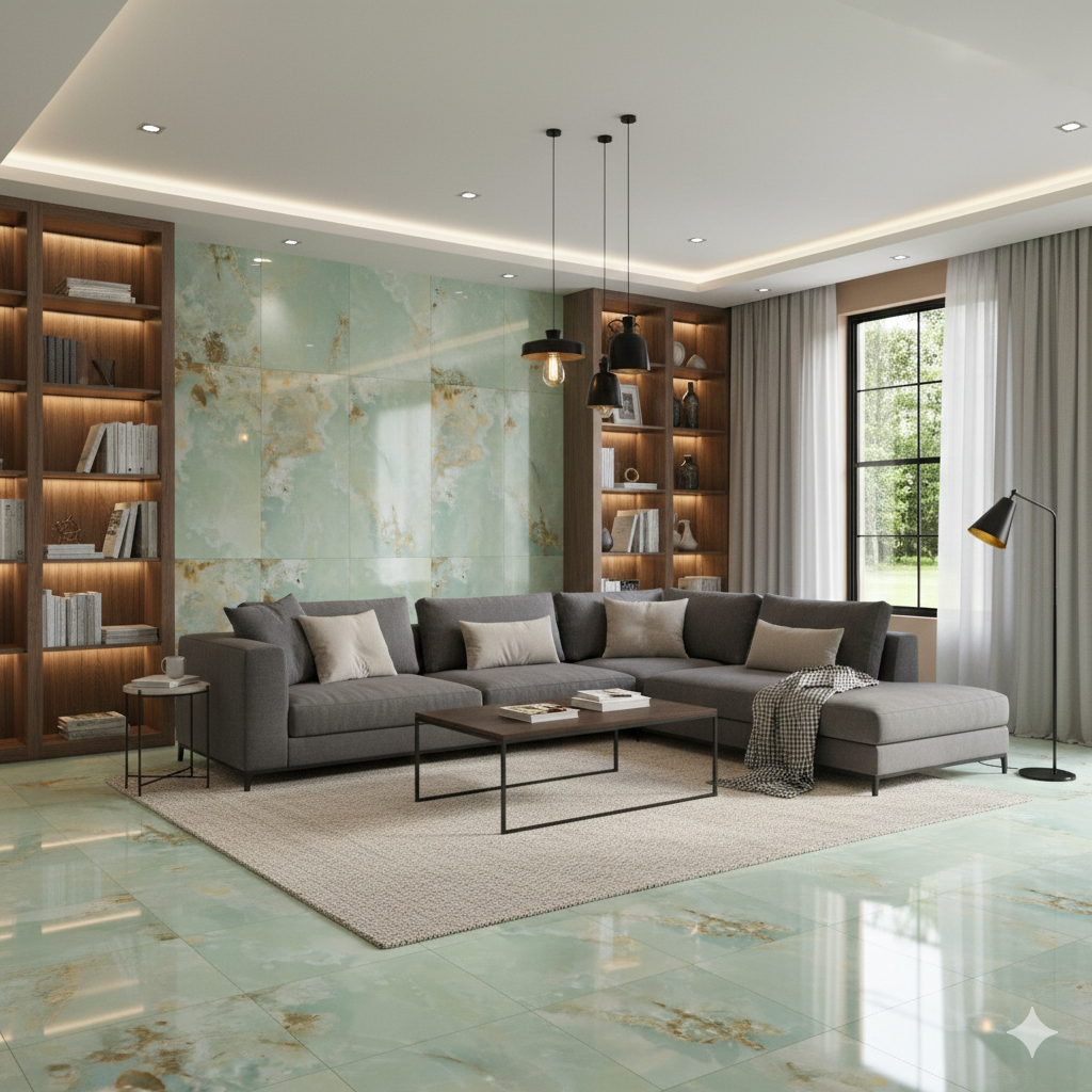 Onyx Verdigris Stone Effect Porcelain Wall And Floor Tiles in sage green with polished finish for modern bathrooms.