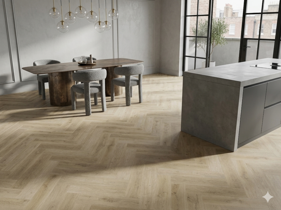 Panama Beige herringbone LVT SPC Flooring with natural wood effect and premium matt finish