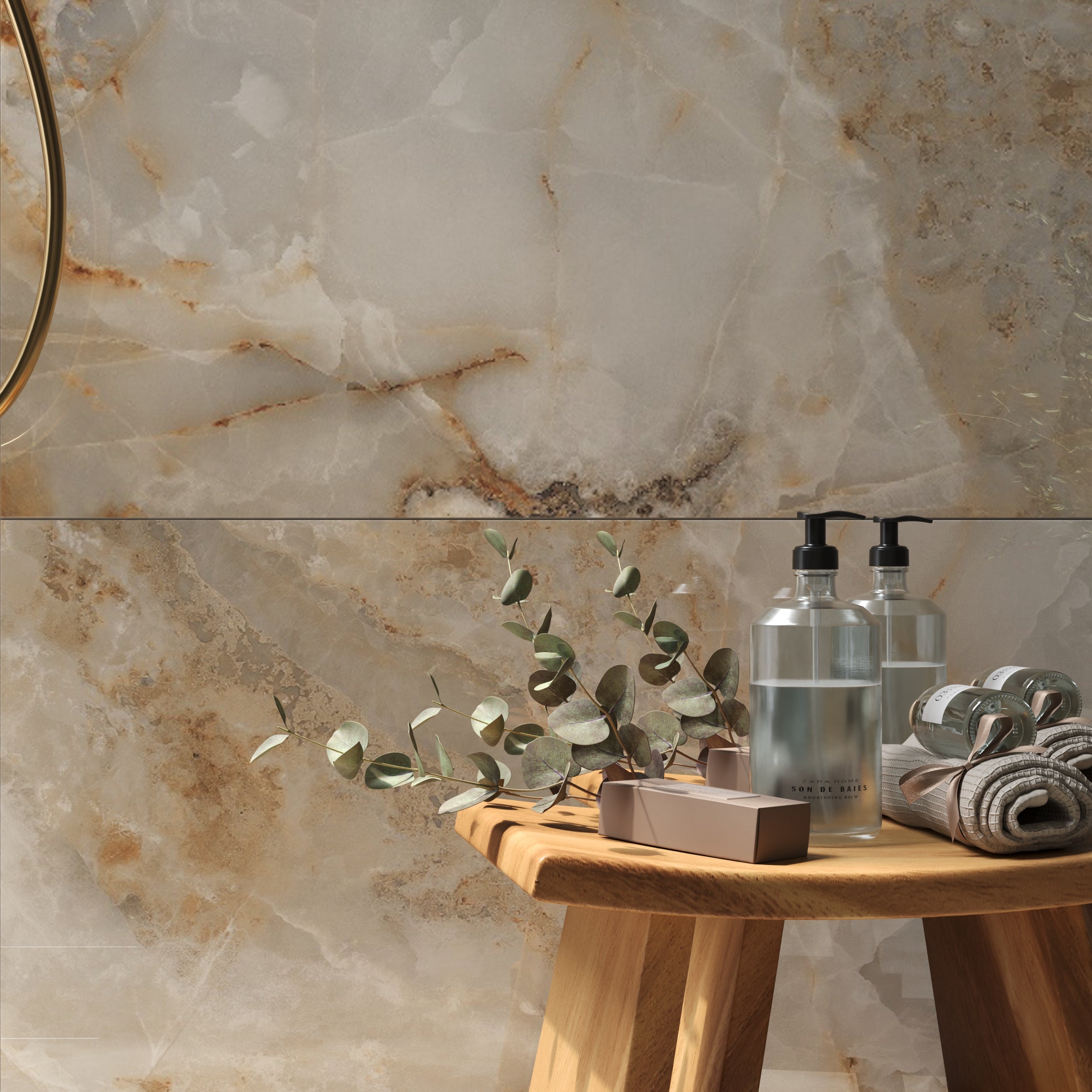 Polished beige onyx marble effect rectified tiles for elegant kitchens and bathrooms