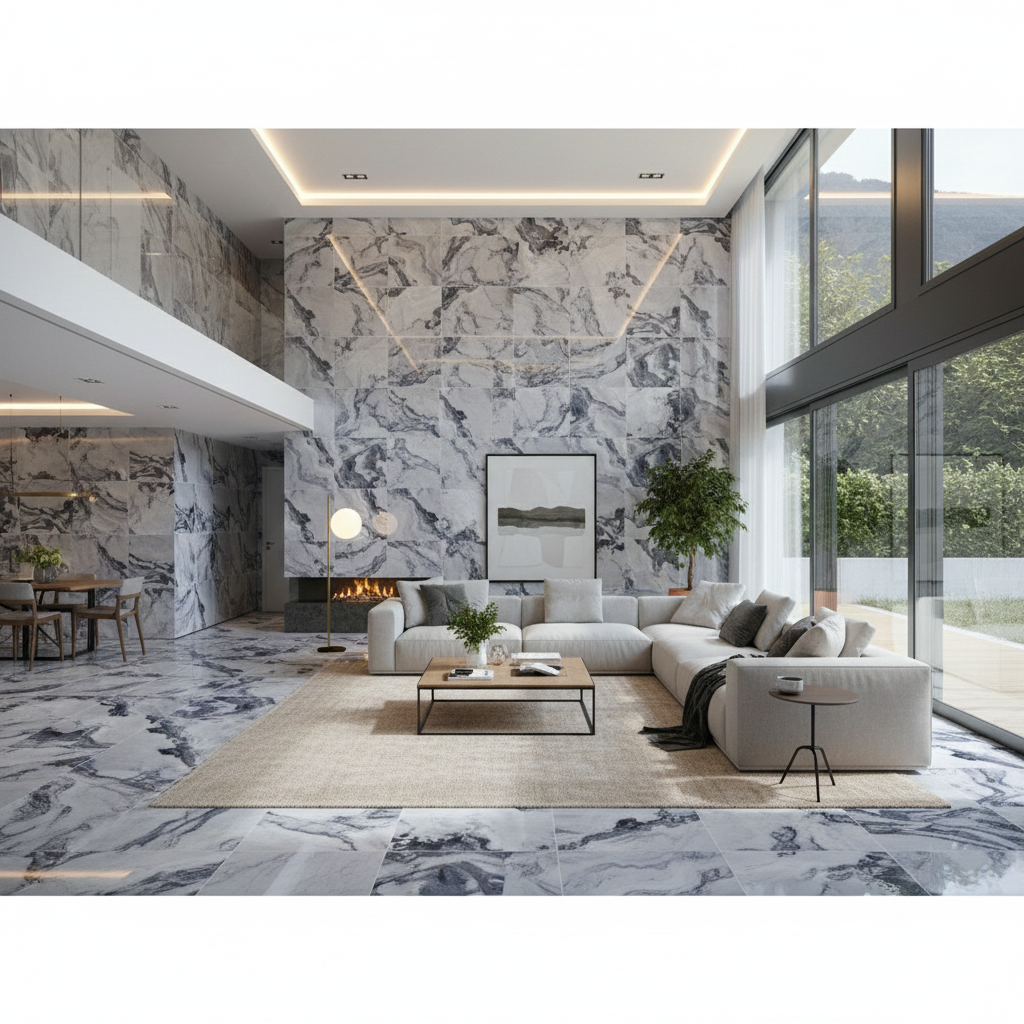 Polished Blue Porcelain Wall And Floor Tiles with marble effect and high-gloss finish for modern interiors.
