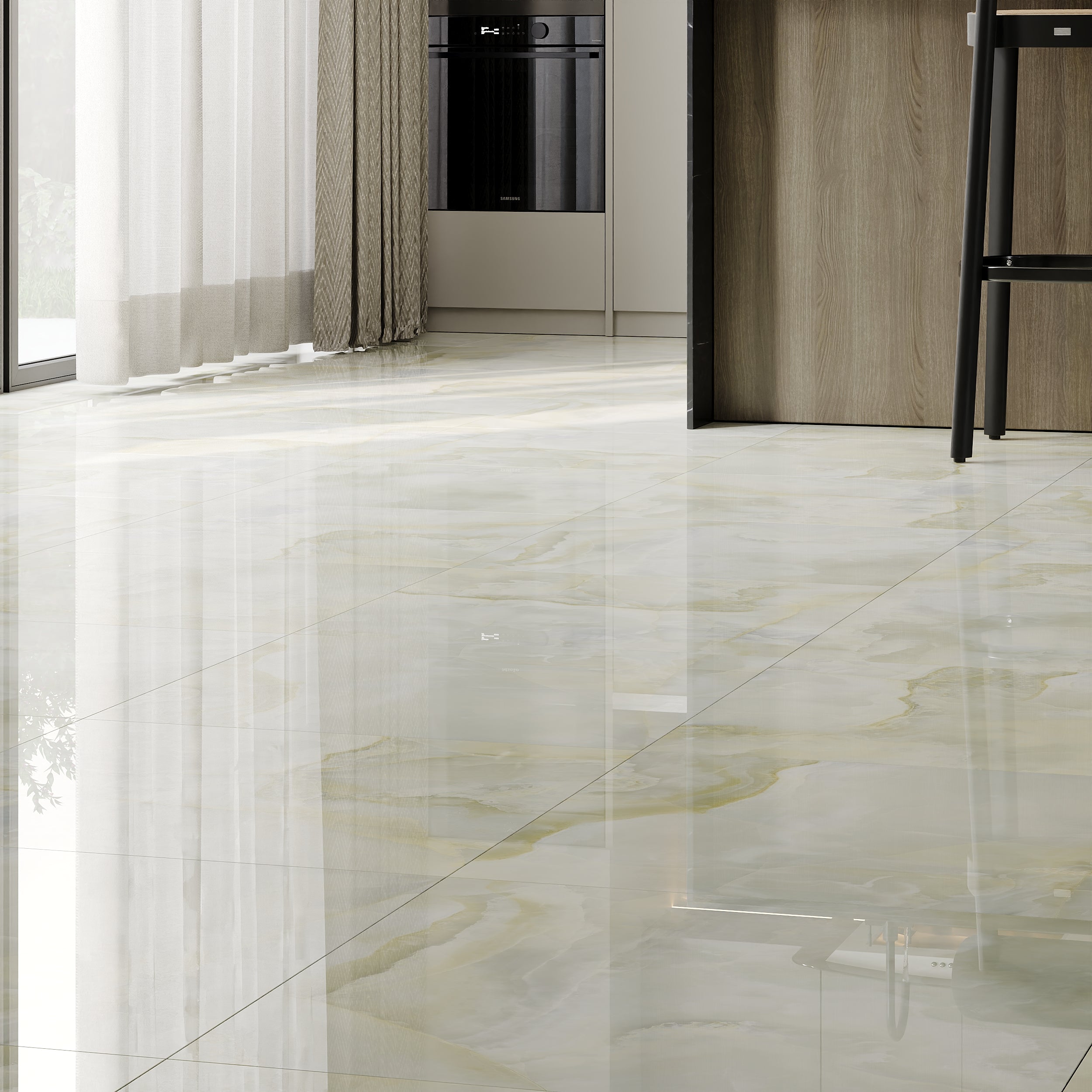 Polished porcelain Eternity Onyx tiles with soft onyx pattern for luxurious contemporary interiors.