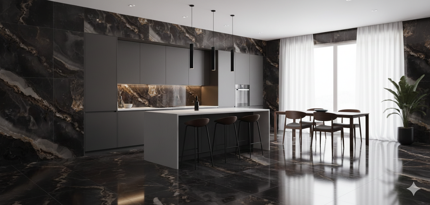 Polished Onyx Black Opal Porcelain Wall And Floor Tiles with rich color contrast and large-format elegance.