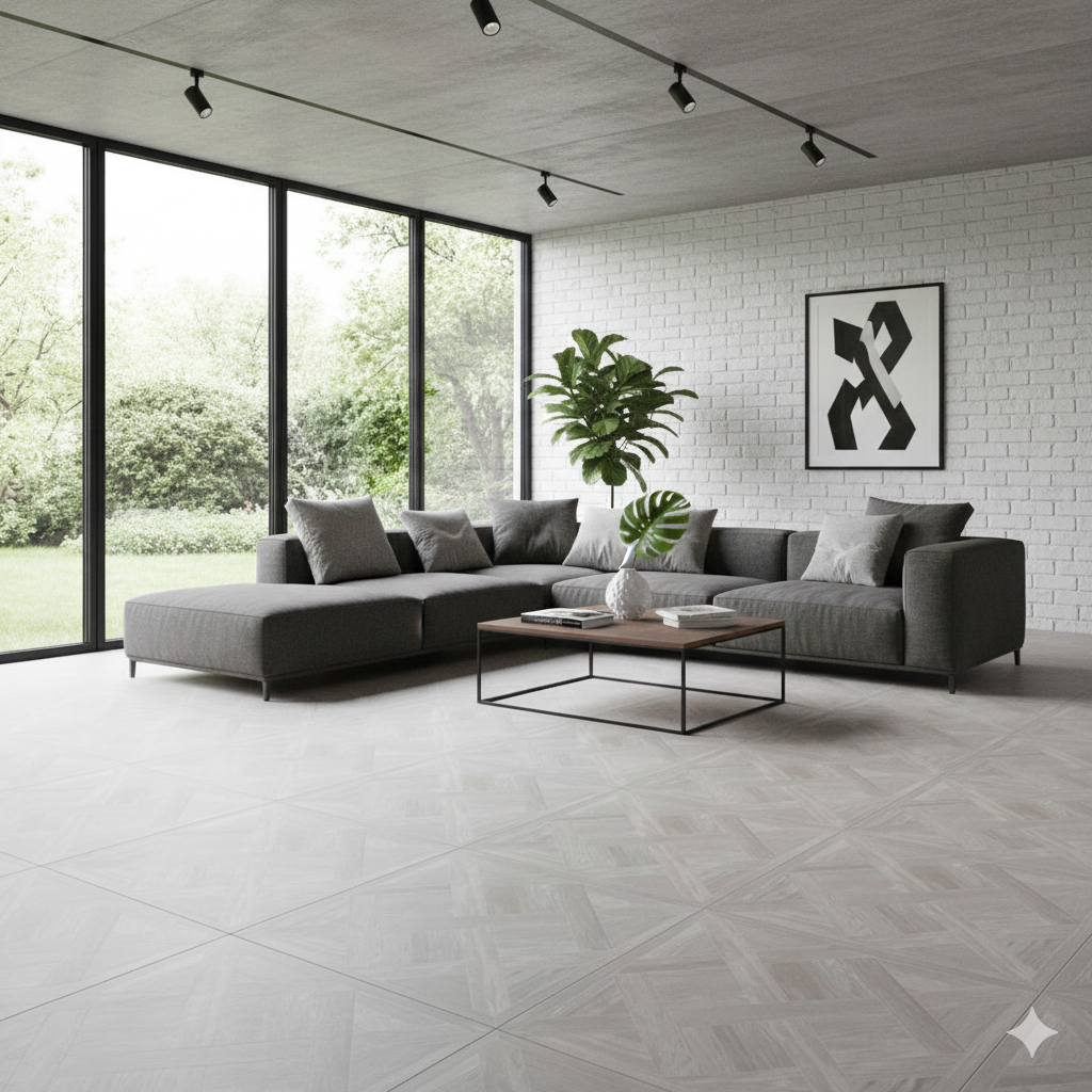 Porcelain wall and floor tiles in grey wood effect for modern farmhouse interiors
