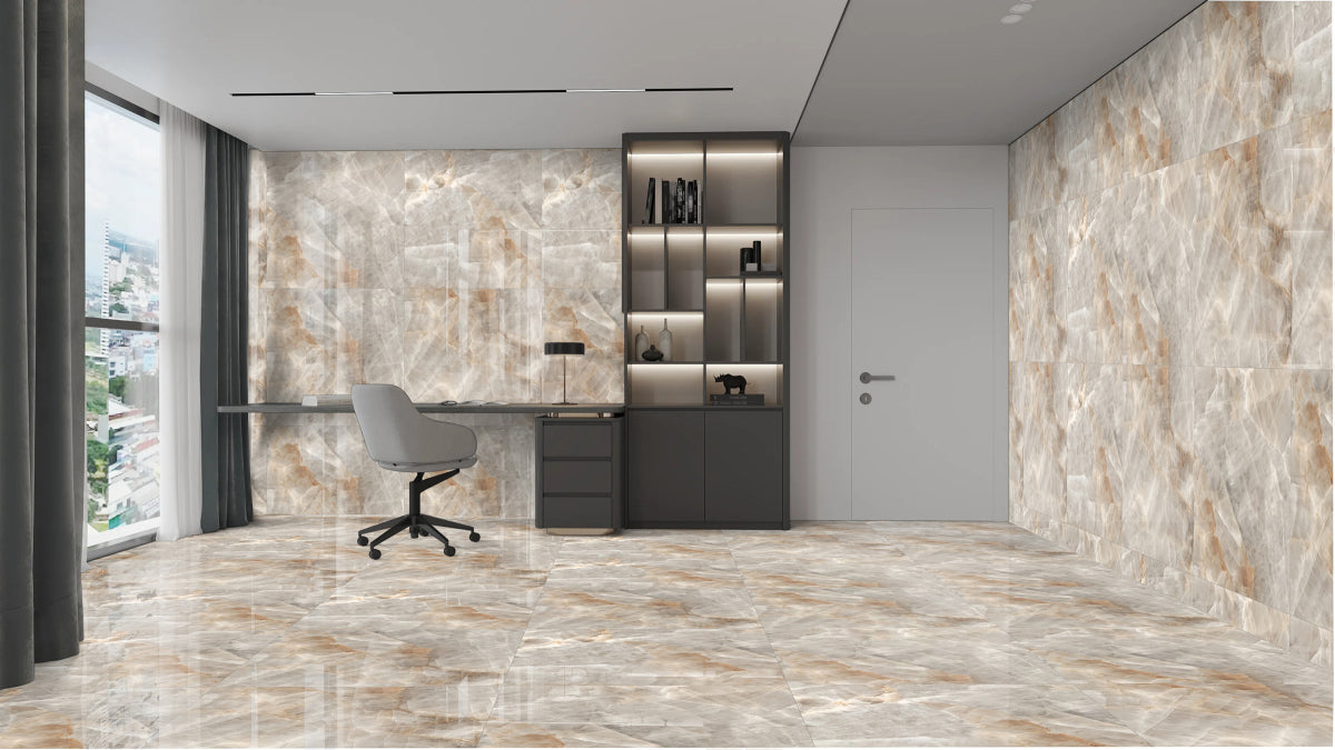 Porcelain Wall And Floor Tiles Arcadia brown polished rectified tiles for modern kitchens and living rooms.
