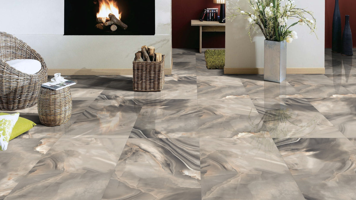 Porcelain Wall And Floor Tiles Pearl Onyx rectified marble effect tiles with pearl-toned veining for luxury interiors.