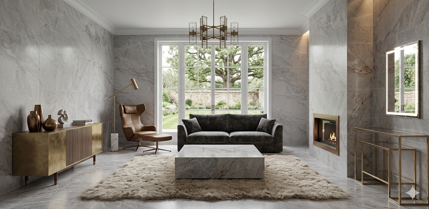 Porcelain wall and floor tiles in white marble effect with carved surface and large format design