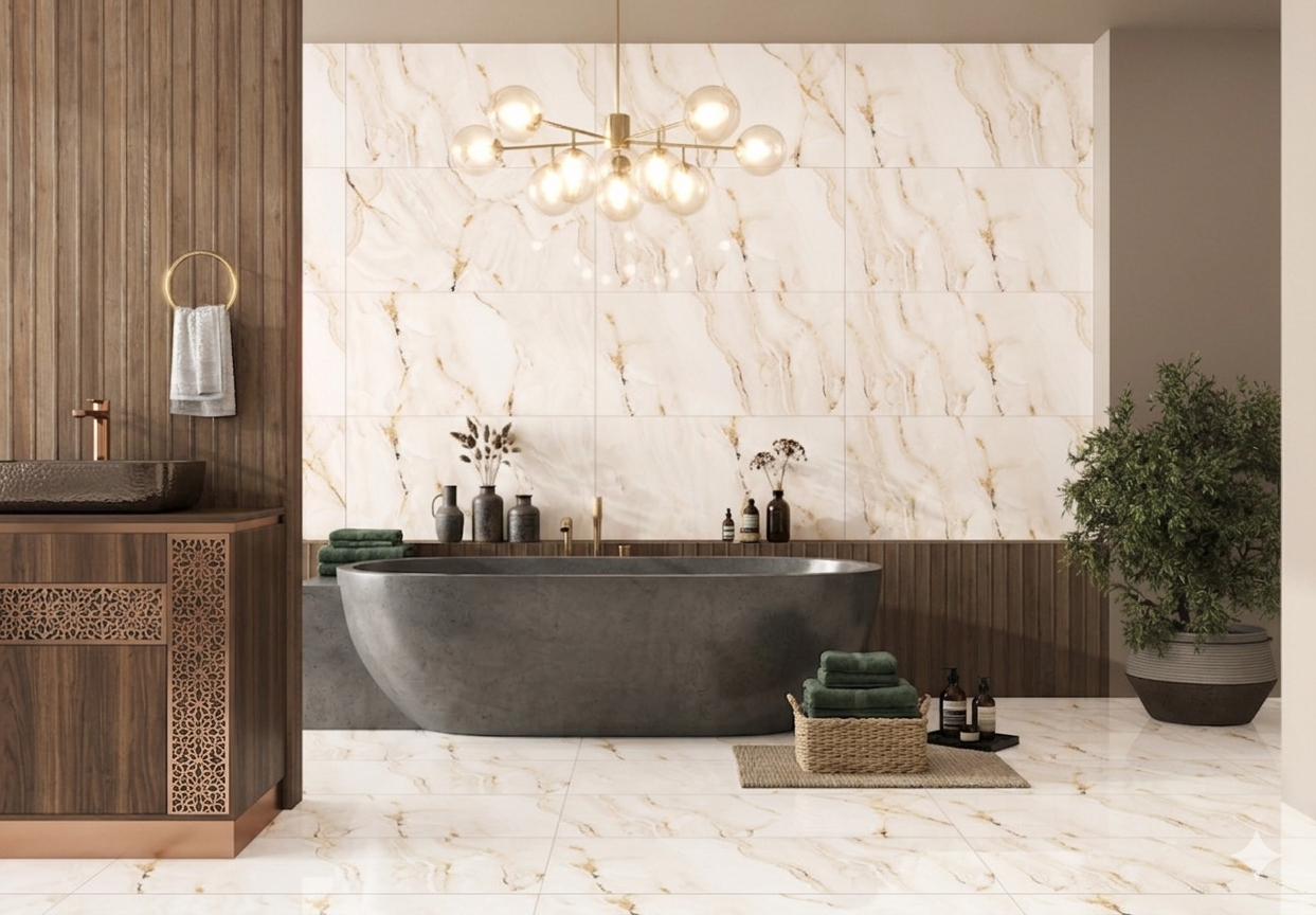 Porcelain wall and floor tiles in glossy crema marble effect with soft gold veining for modern interiors