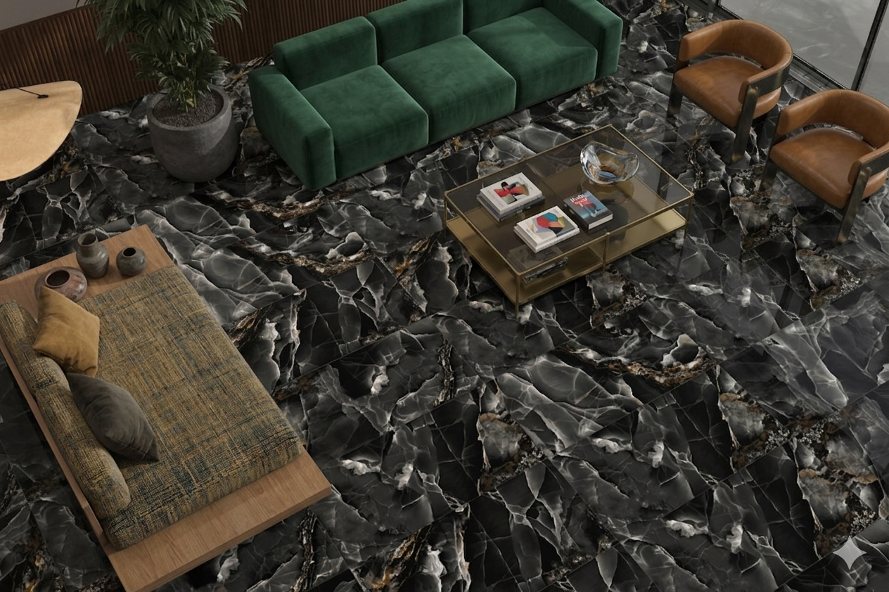 Porcelain wall and floor tiles with glossy black marble effect for luxurious modern interior spaces