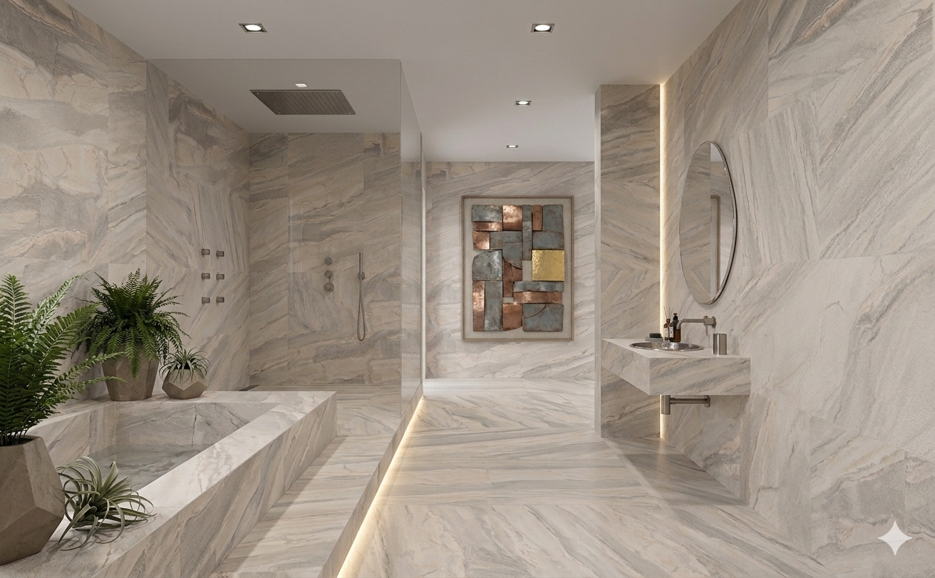 Premium 600x1200mm Porcelain wall and floor tiles featuring an elegant white marble effect design
