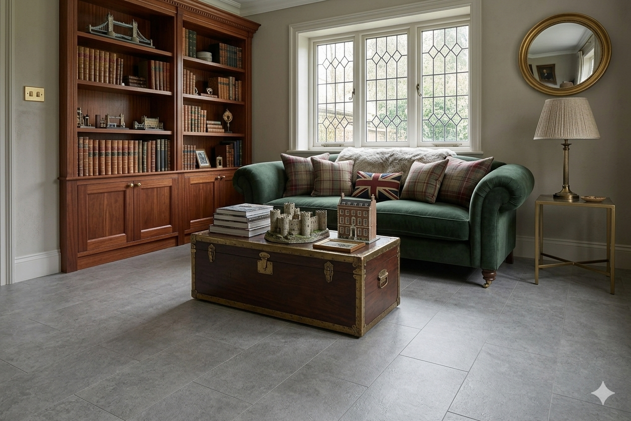 Premium Grey Stone Effect click SPC Flooring with matt finish for modern waterproof interiors