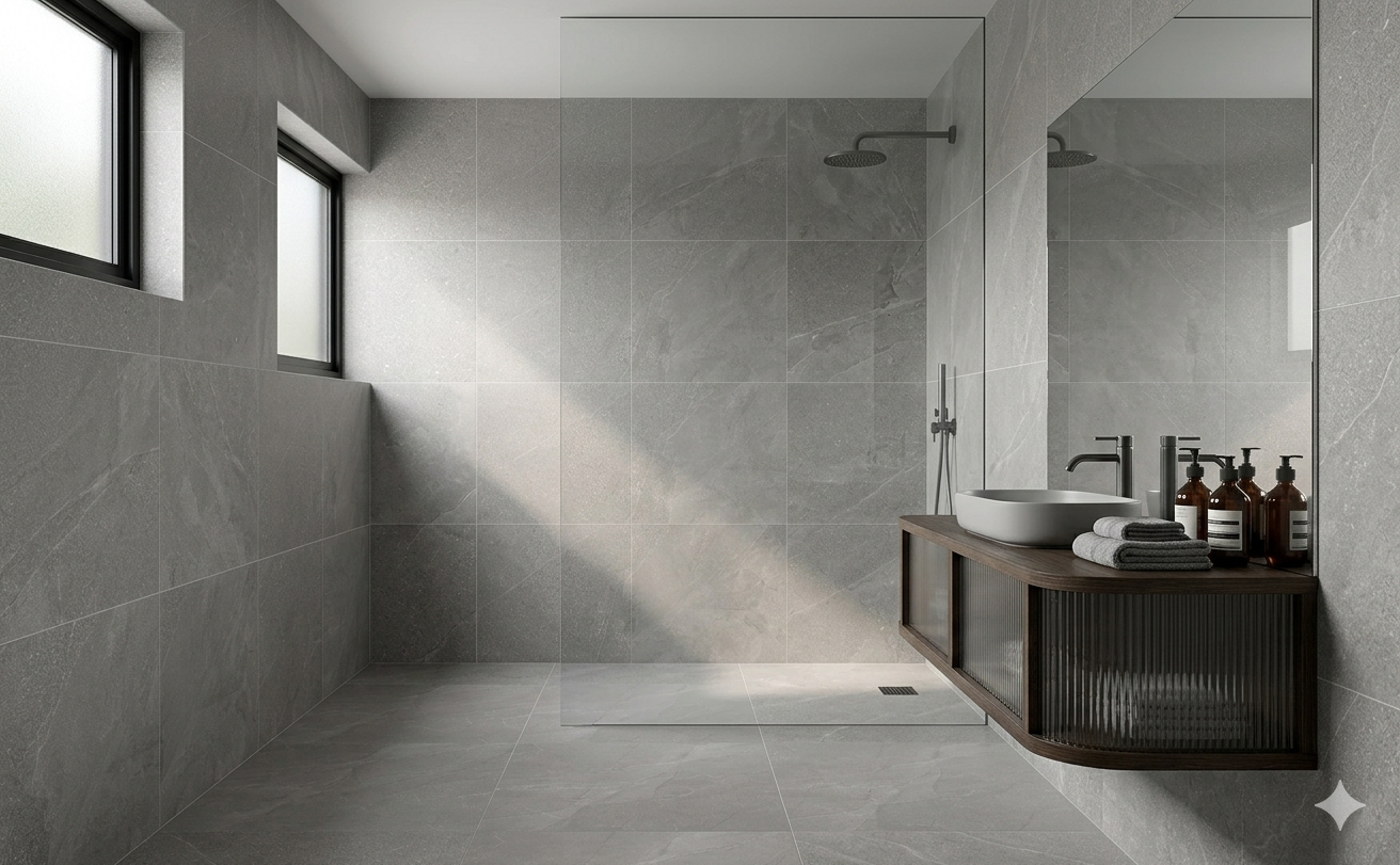 Premium grey porcelain wall and floor tiles with a realistic stone effect for elegant interiors.