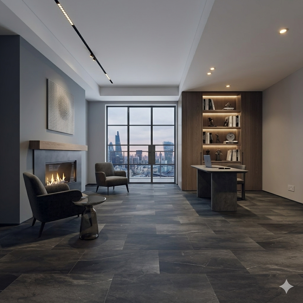Premium Midnight Black Slate click SPC Flooring with matt finish and durable rigid core construction