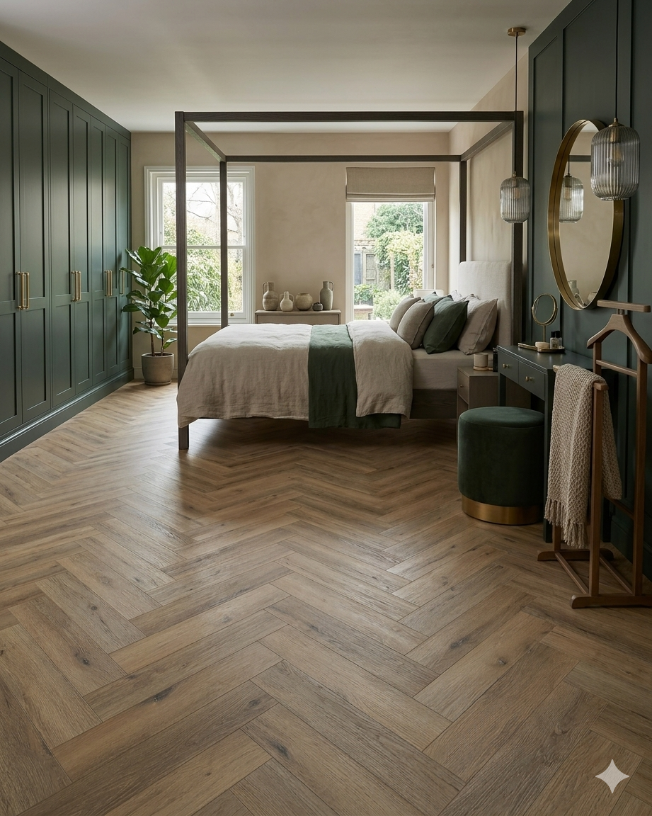 Premium Natural Cedar click LVT SPC Flooring in elegant herringbone pattern for modern interiors