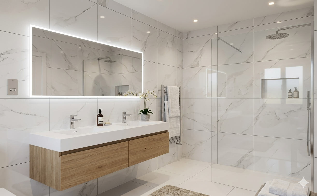 Premium white porcelain wall and floor tiles with a polished finish for modern living spaces.