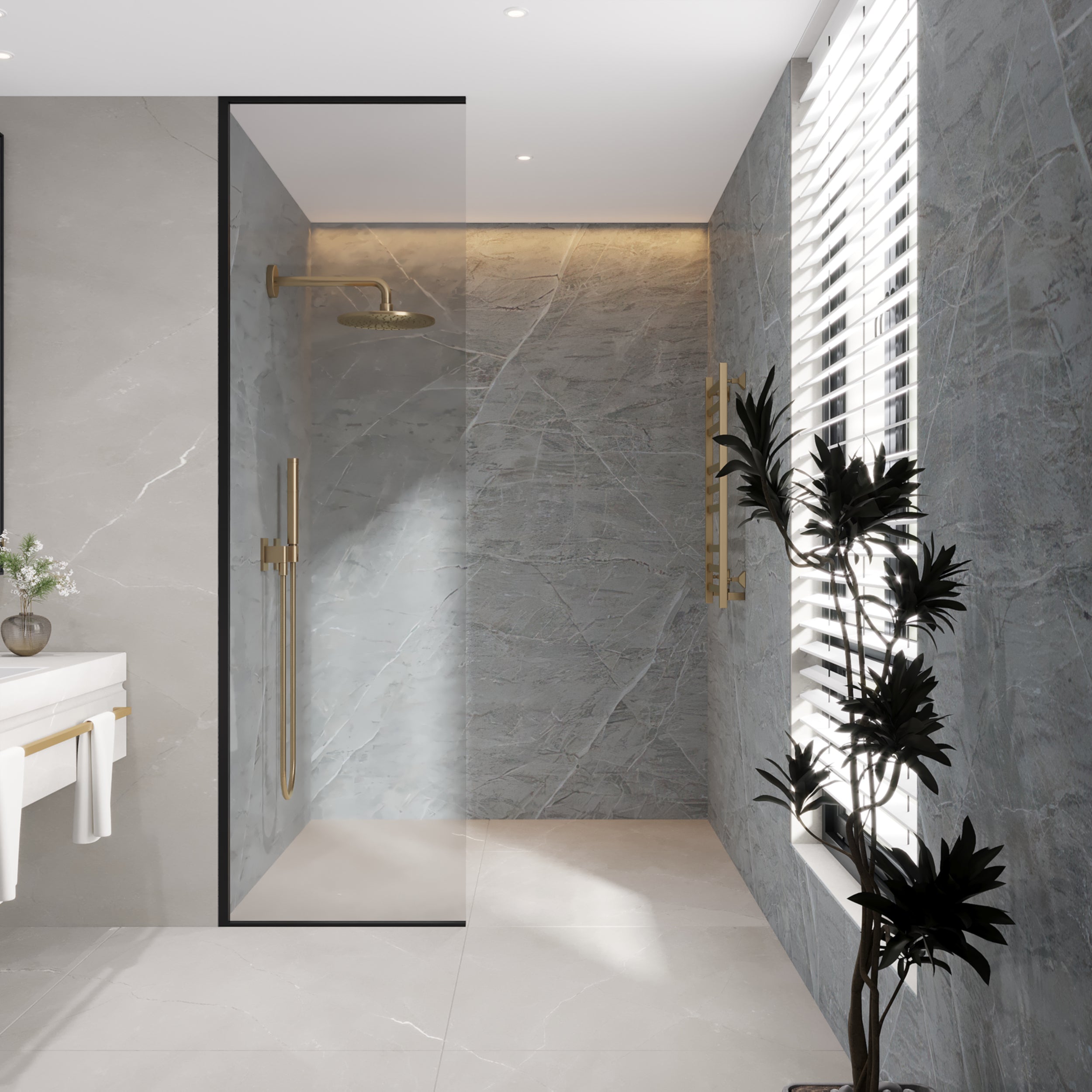 PVC tile effect bathroom wall panels in dark grey, waterproof and elegant, perfect for showers and kitchen splashbacks.