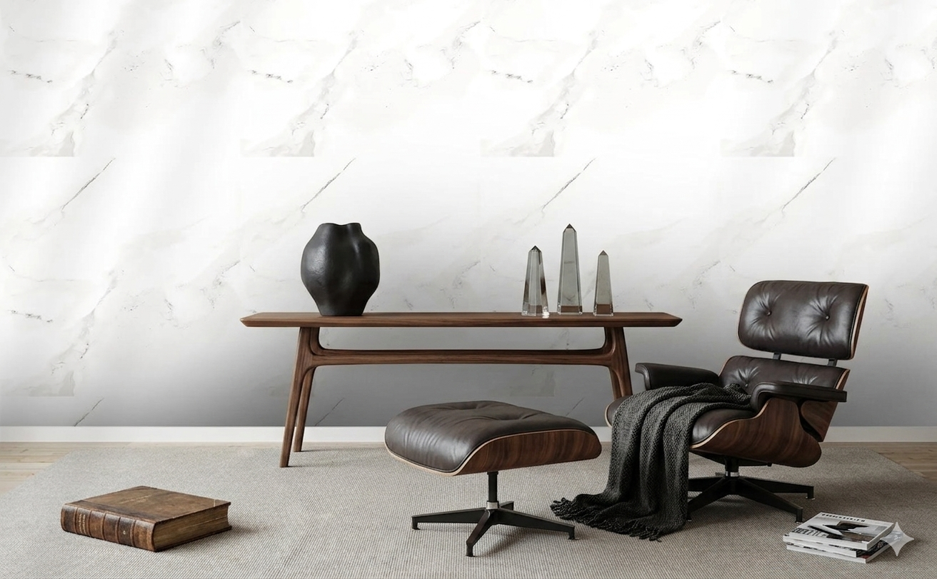 Rectified glossy porcelain wall and floor tiles in white for a seamless and elegant room design.