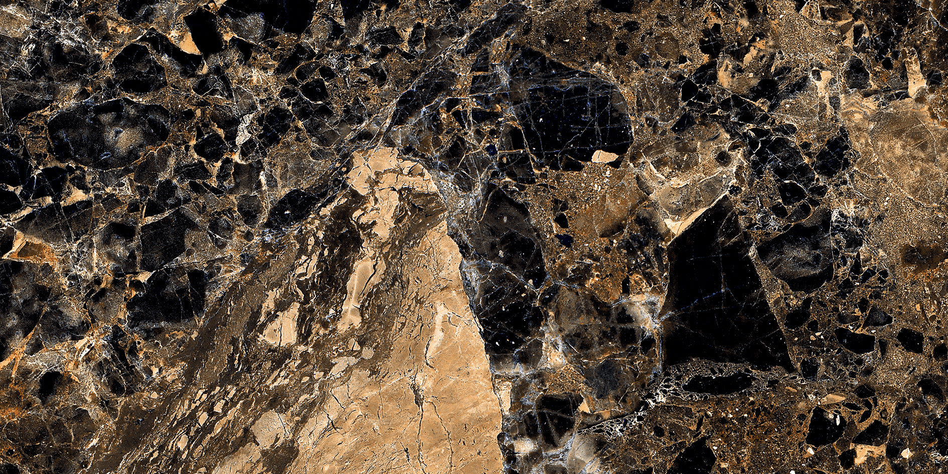 Rectified gold and black marble effect tiles for seamless wall and floor installation