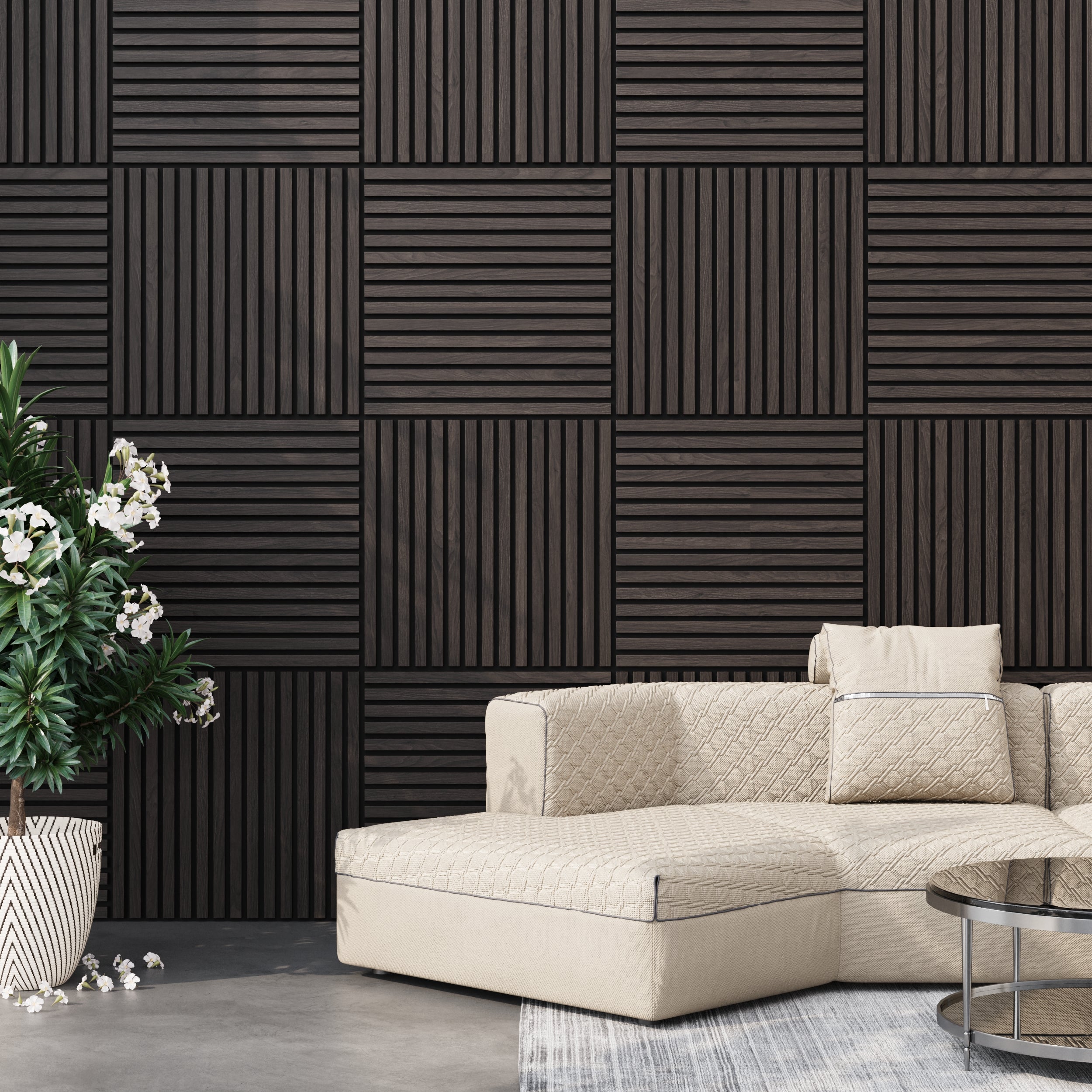 Rich wood grain smoked walnut acoustic wall panels for soundproofing and modern interiors.